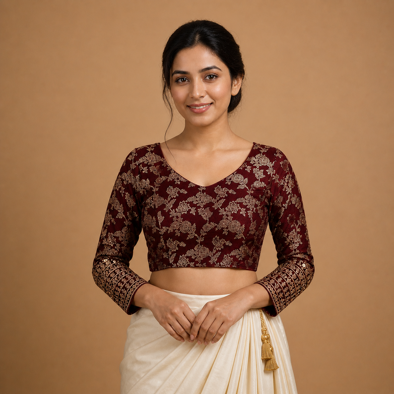 Burgundy Sequin Embroidered Padded Blouse with 3/4 Sleeves