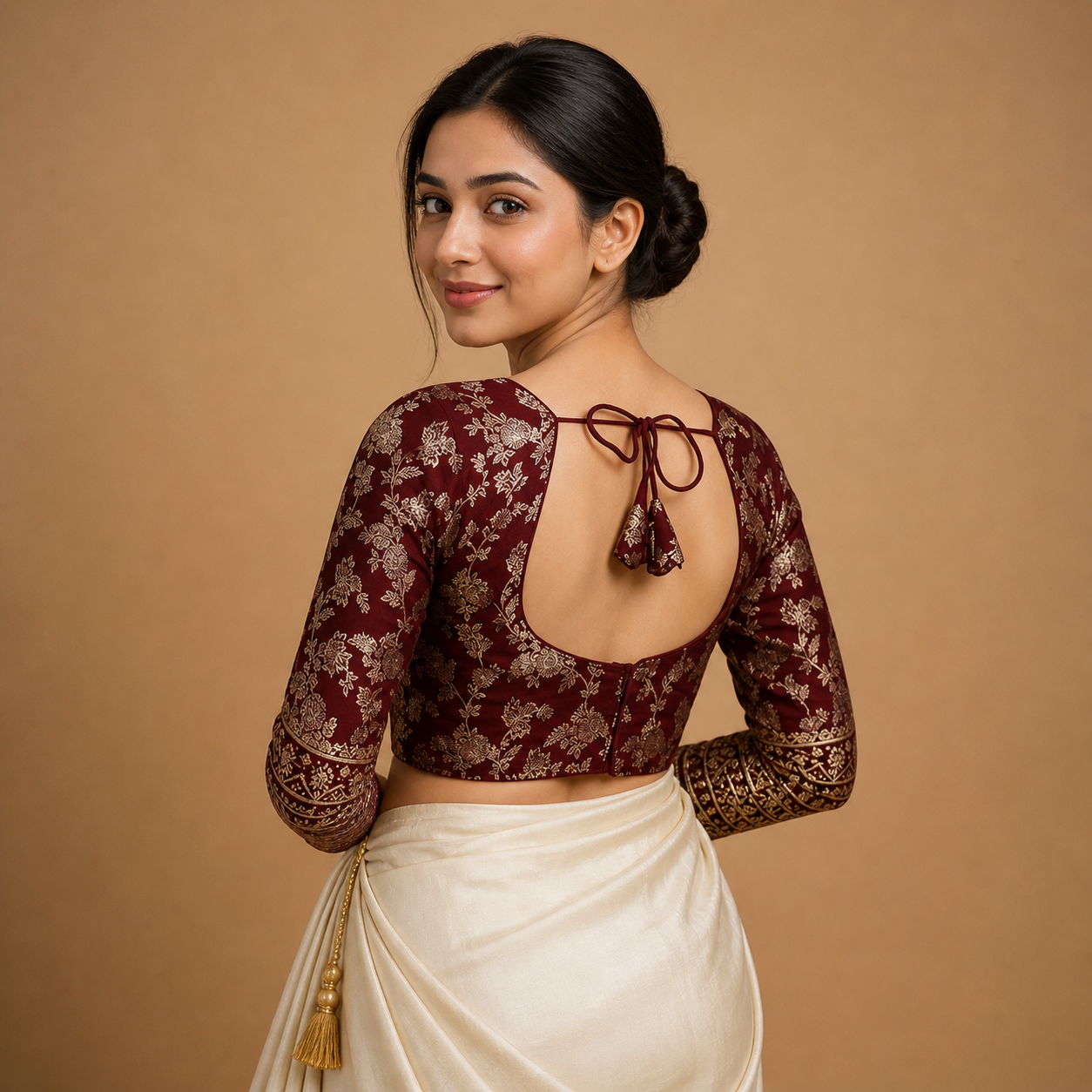 Burgundy Sequin Embroidered Padded Blouse with 3/4 Sleeves