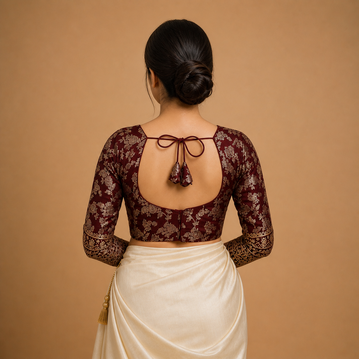 Burgundy Sequin Embroidered Padded Blouse with 3/4 Sleeves