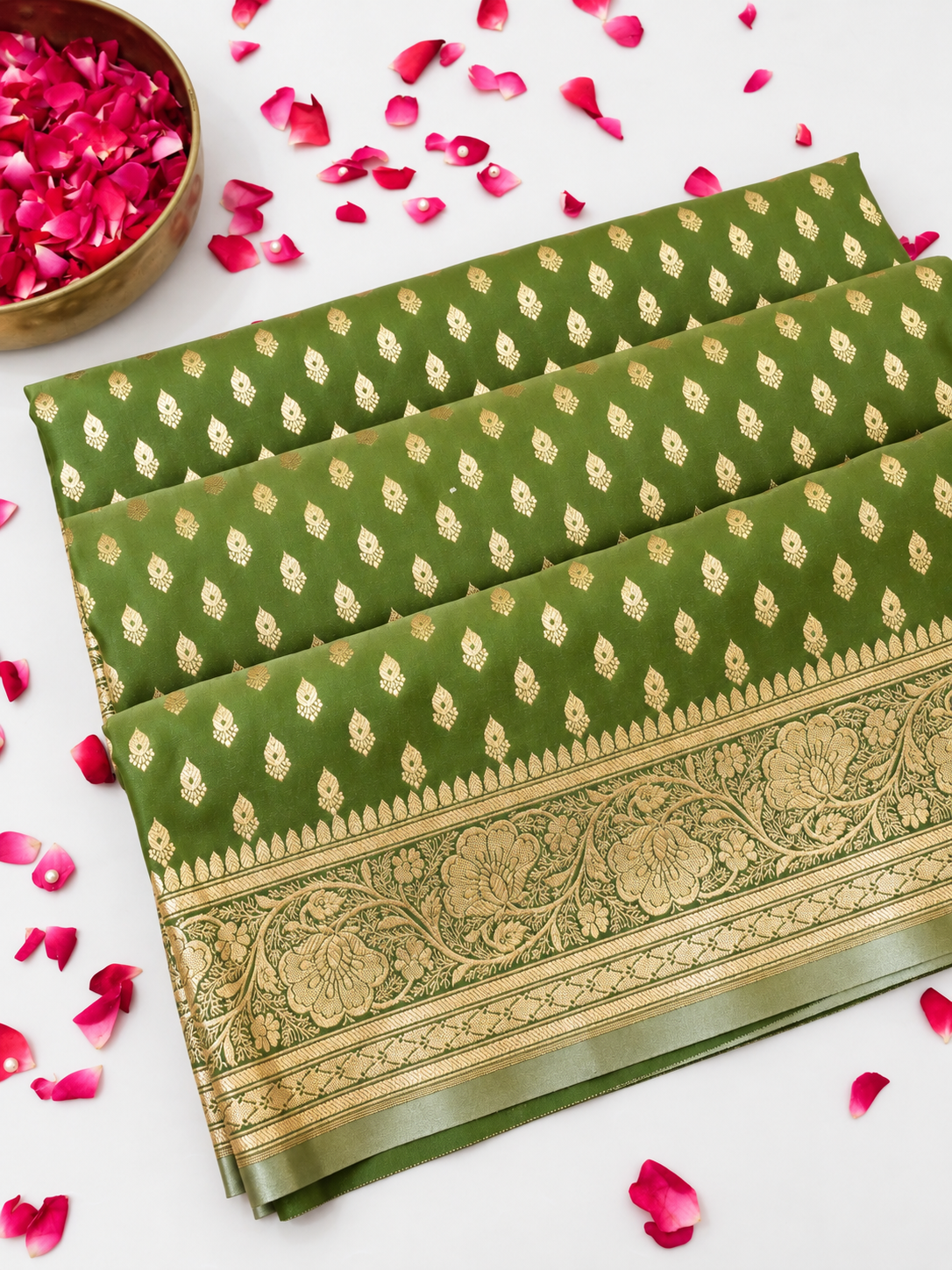 Rich Olive Green Banarasi Silk Saree with Gold Zari Weaving