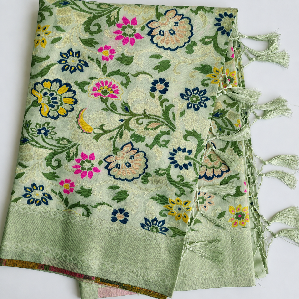 Banarasi Silk Light Green Dupatta with Multicolor & Gold Floral Handweaving