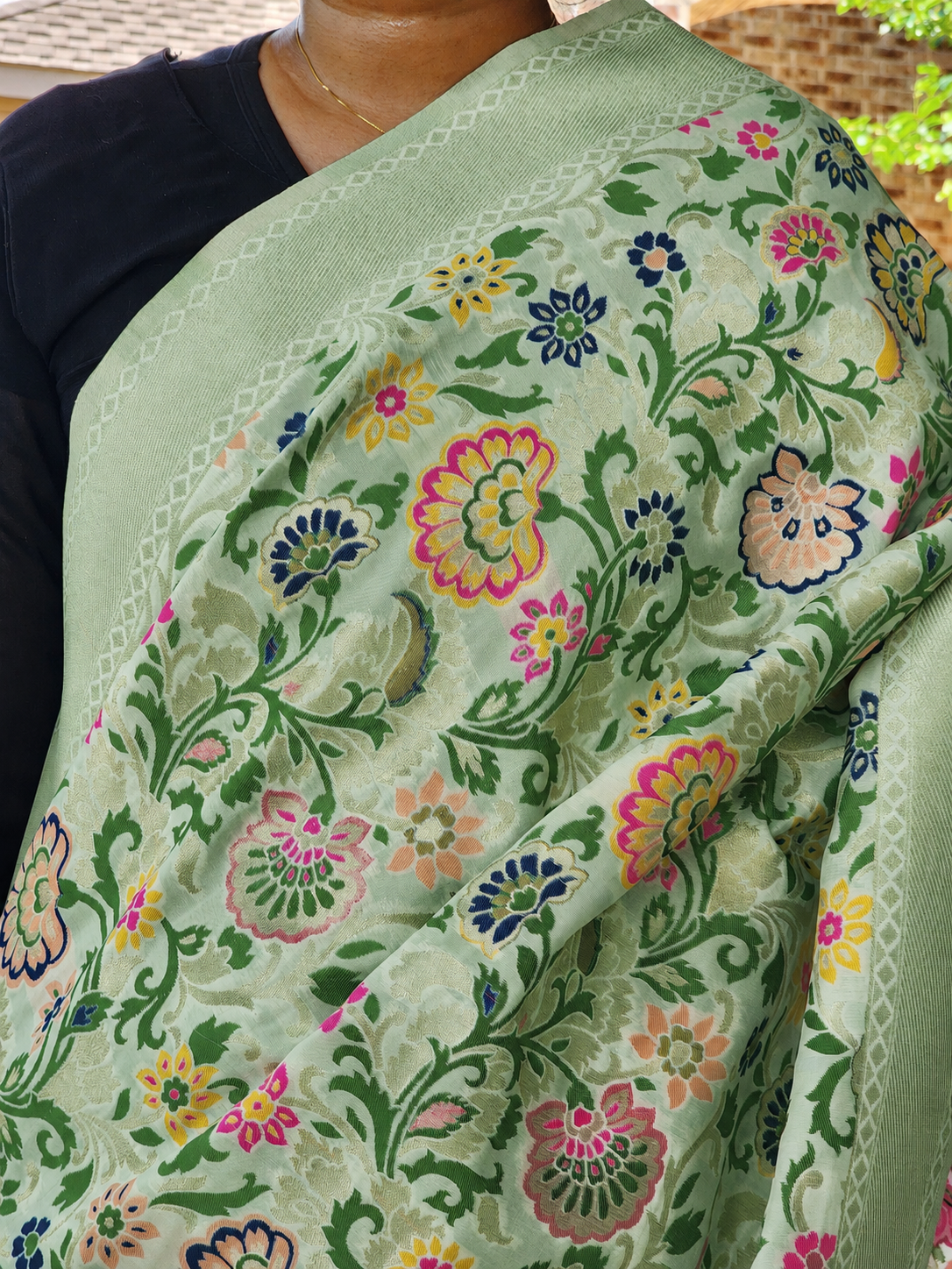 Banarasi Silk Light Green Dupatta with Multicolor & Gold Floral Handweaving