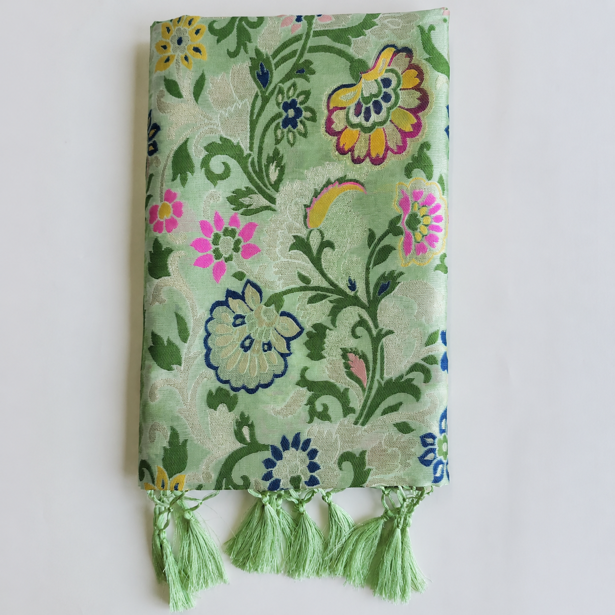 Banarasi Silk Light Green Dupatta with Multicolor & Gold Floral Handweaving