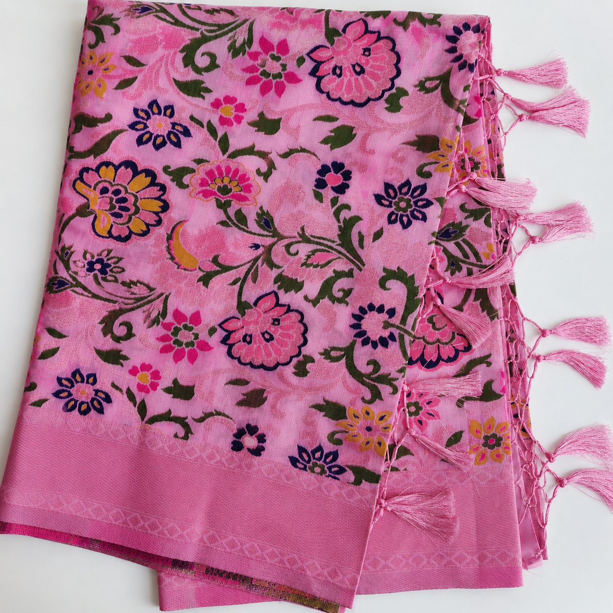 Banarasi Silk Vibrant Pink Dupatta with Multicolor & Gold Floral Handweaving