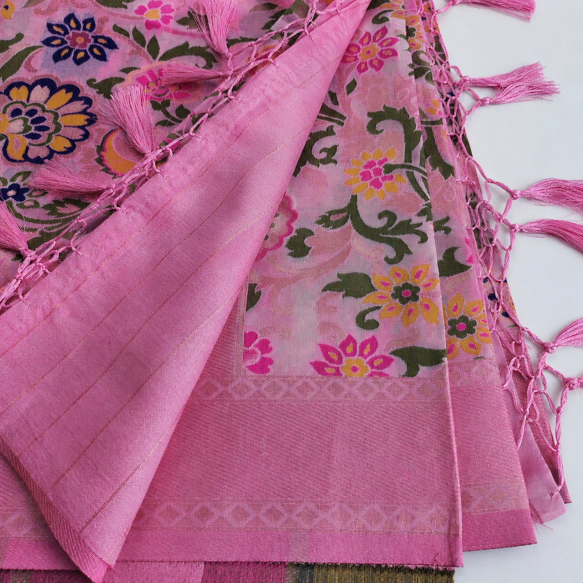 Banarasi Silk Vibrant Pink Dupatta with Multicolor & Gold Floral Handweaving