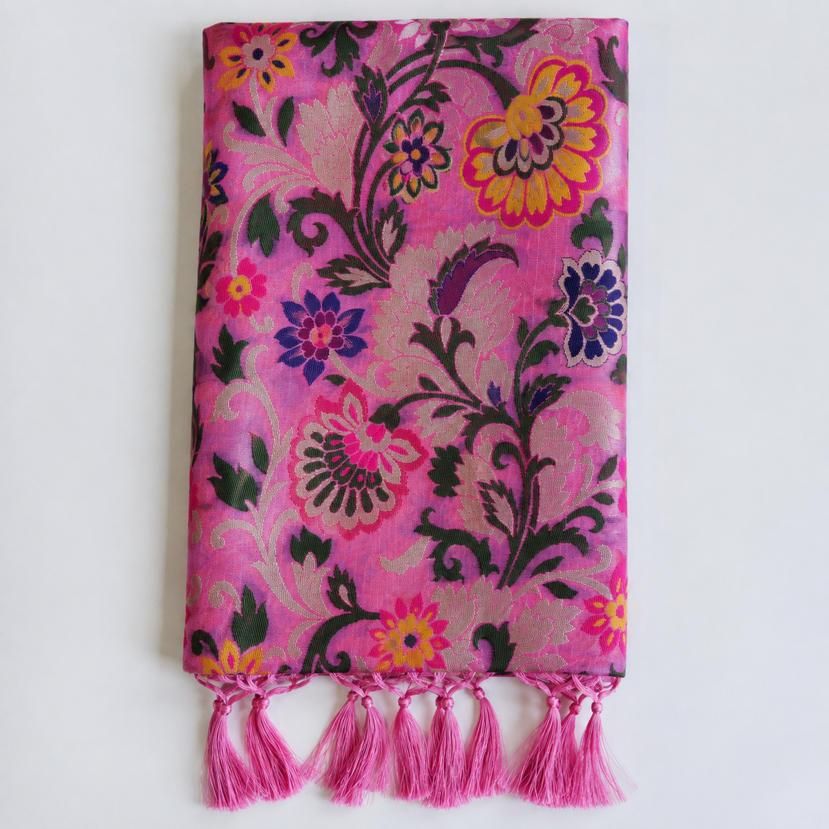 Banarasi Silk Vibrant Pink Dupatta with Multicolor & Gold Floral Handweaving