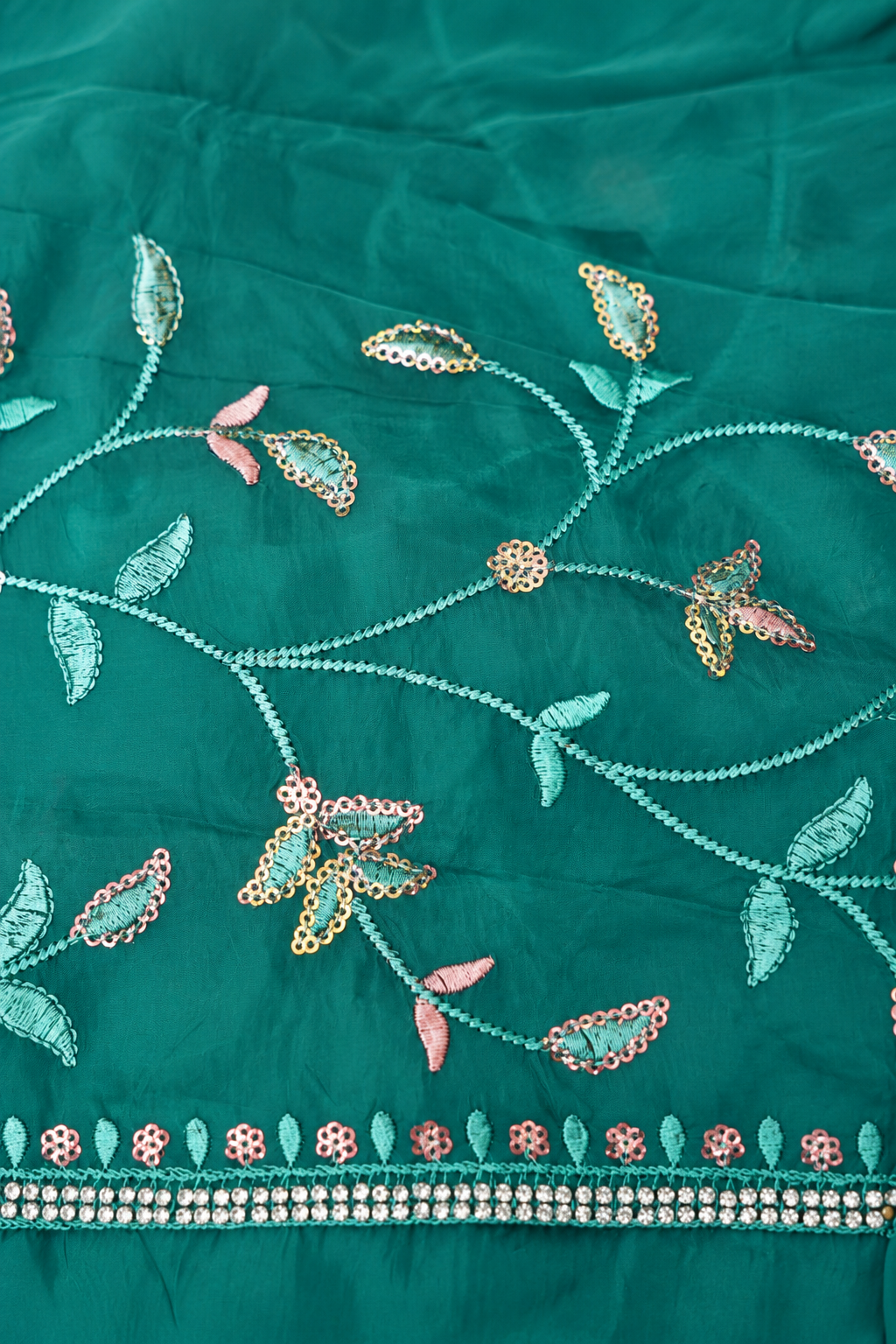 Sky Blue Willow Vine Designer Tissue Saree with Rhinestone Work and Stitched Blouse