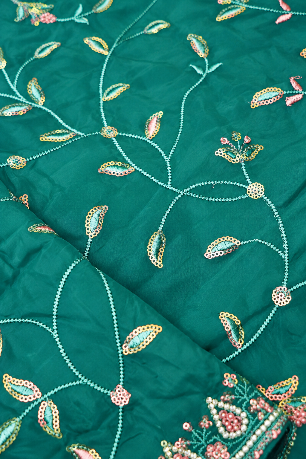 Sky Blue Willow Vine Designer Tissue Saree with Rhinestone Work and Stitched Blouse