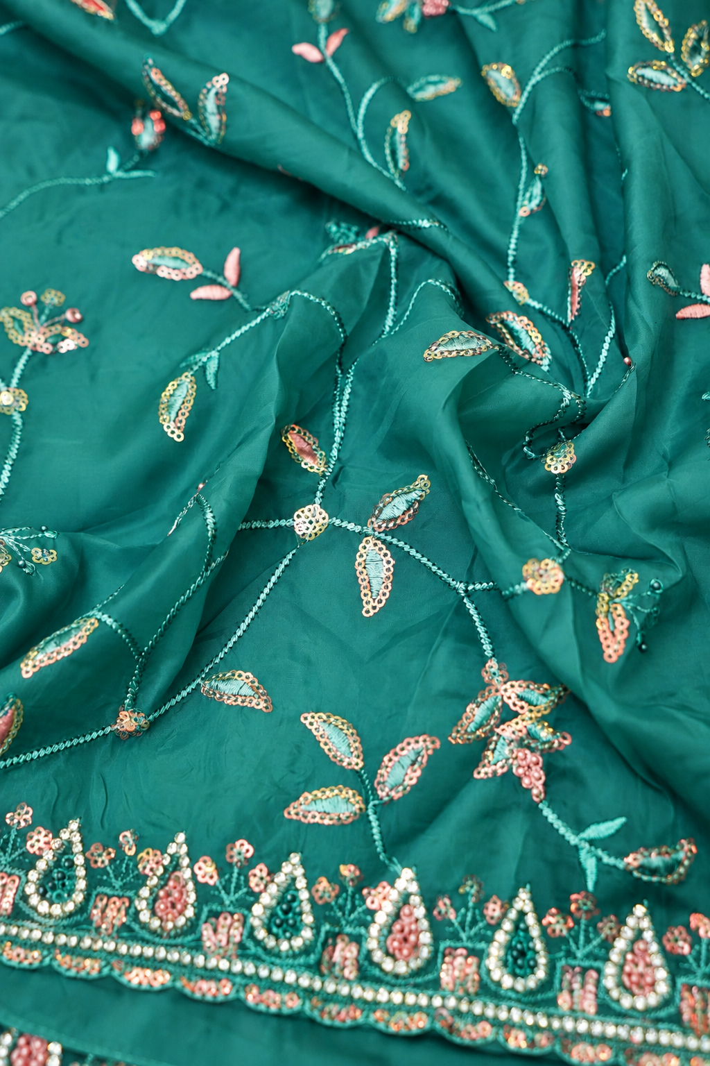 Sky Blue Willow Vine Designer Tissue Saree with Rhinestone Work and Stitched Blouse