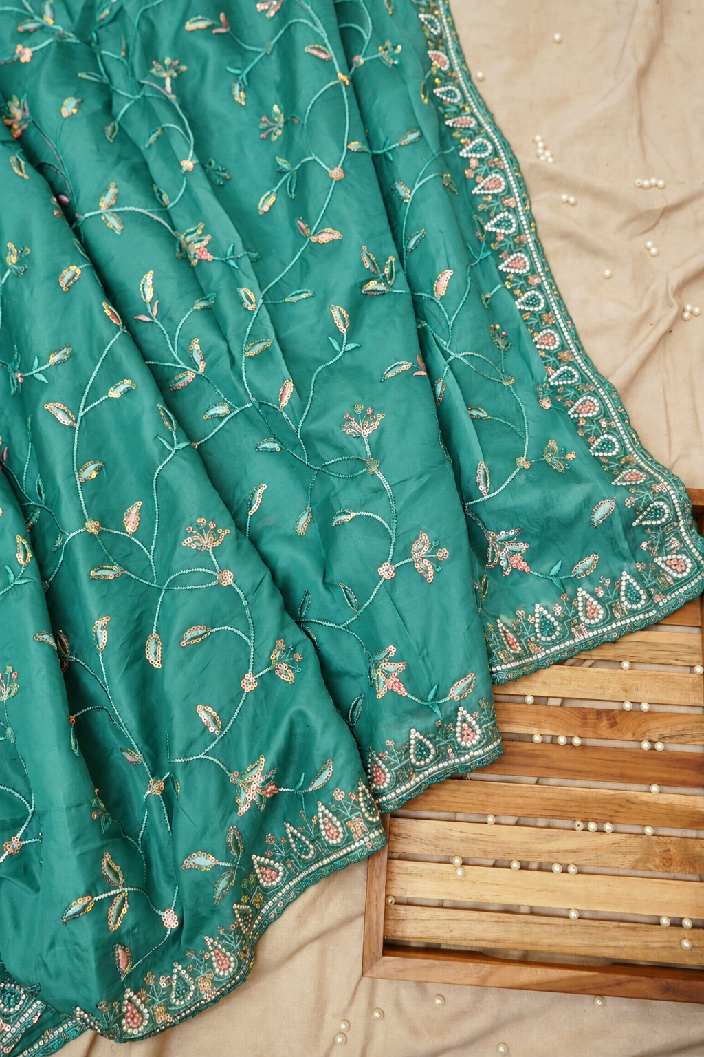 Sky Blue Willow Vine Designer Tissue Saree with Rhinestone Work and Stitched Blouse