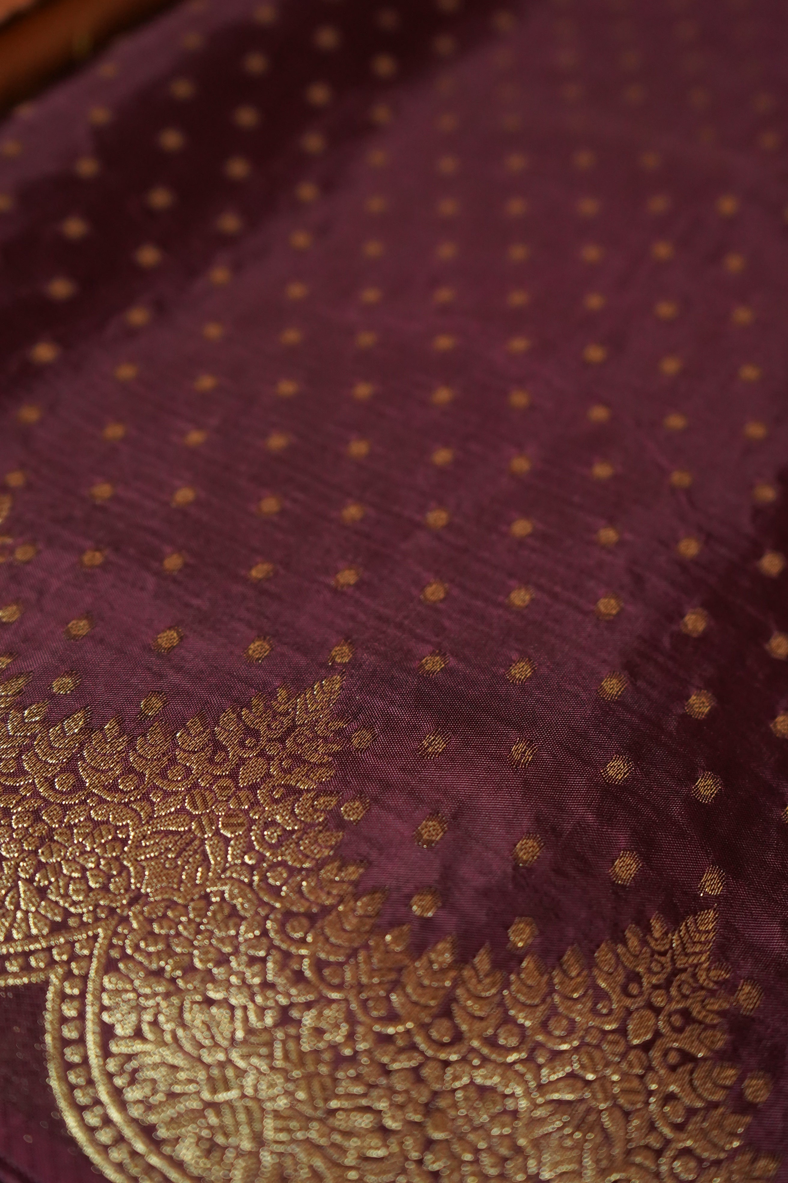 Burgundy Maroon Muslin Silk Saree with Champagne Gold Border