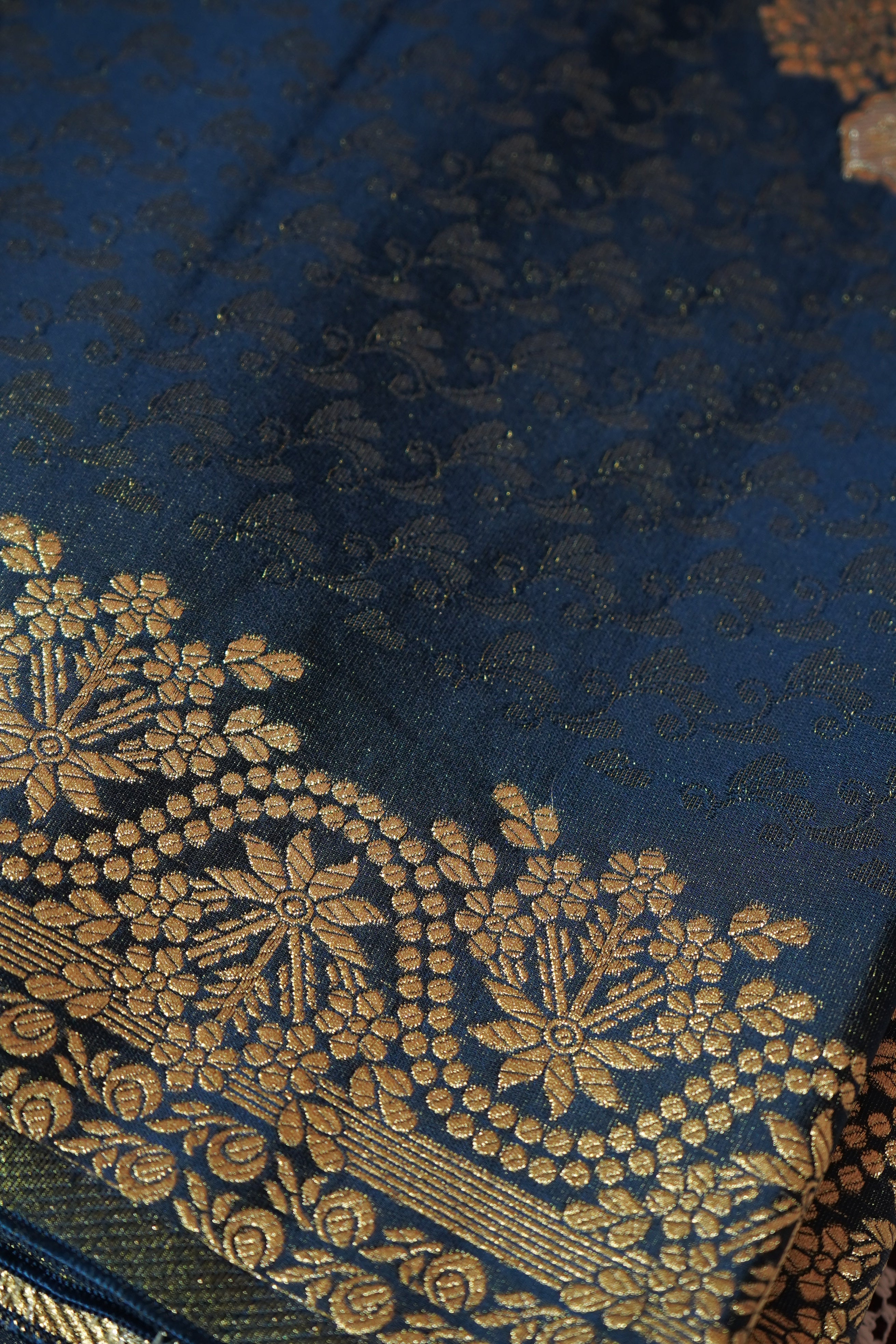 Midnight Navy Blue Tissue Katan Silk Saree with Champagne Gold Border
