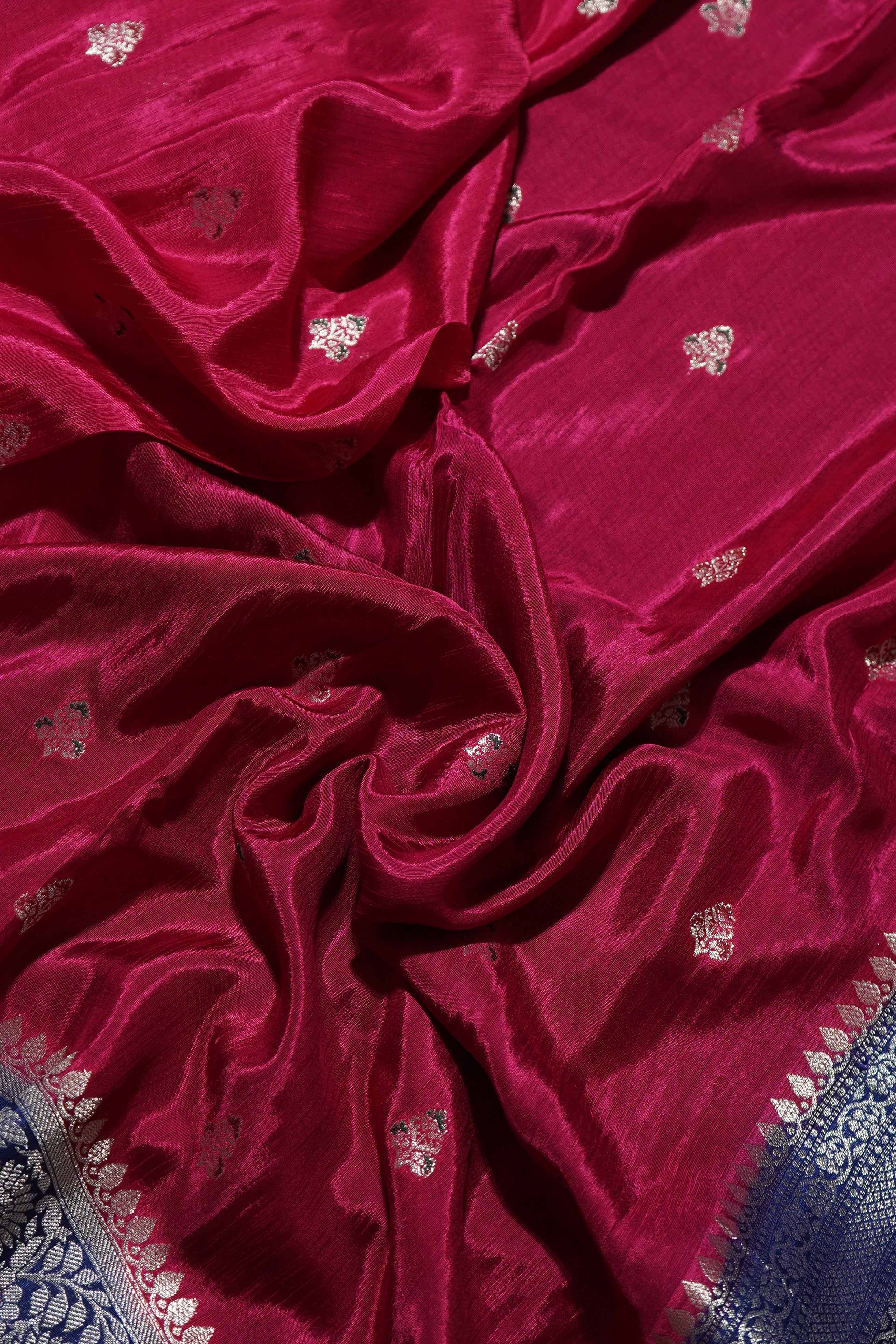 Fuchsia Pink Mashru Katan Silk Saree with Royal Blue Border and Silver Detailing