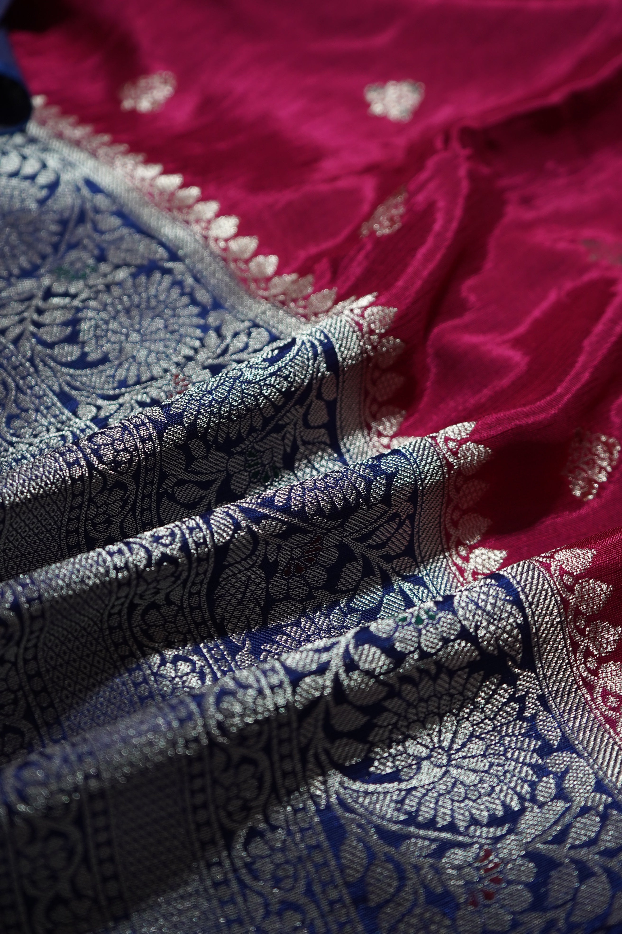 Fuchsia Pink Mashru Katan Silk Saree with Royal Blue Border and Silver Detailing