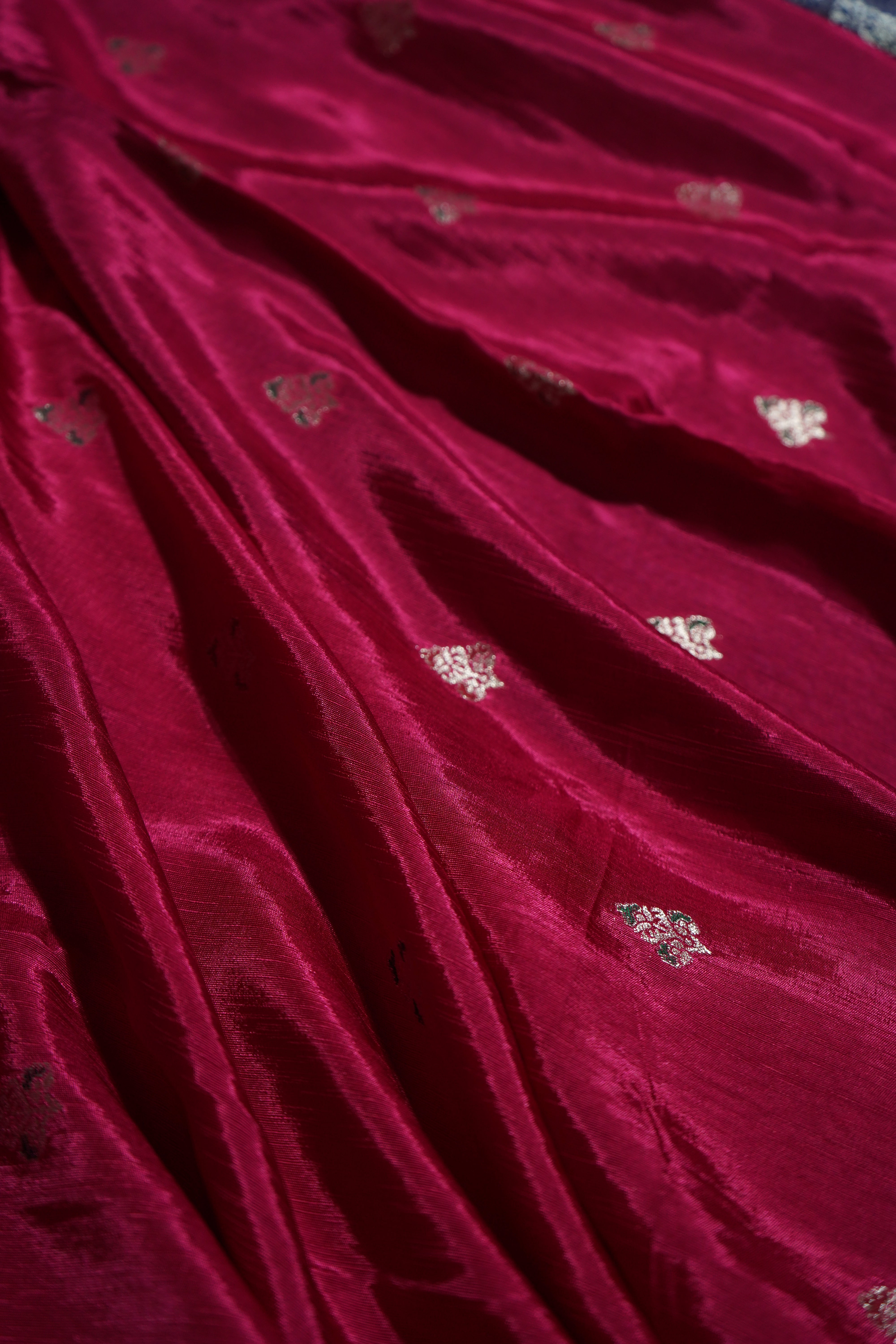Fuchsia Pink Mashru Katan Silk Saree with Royal Blue Border and Silver Detailing