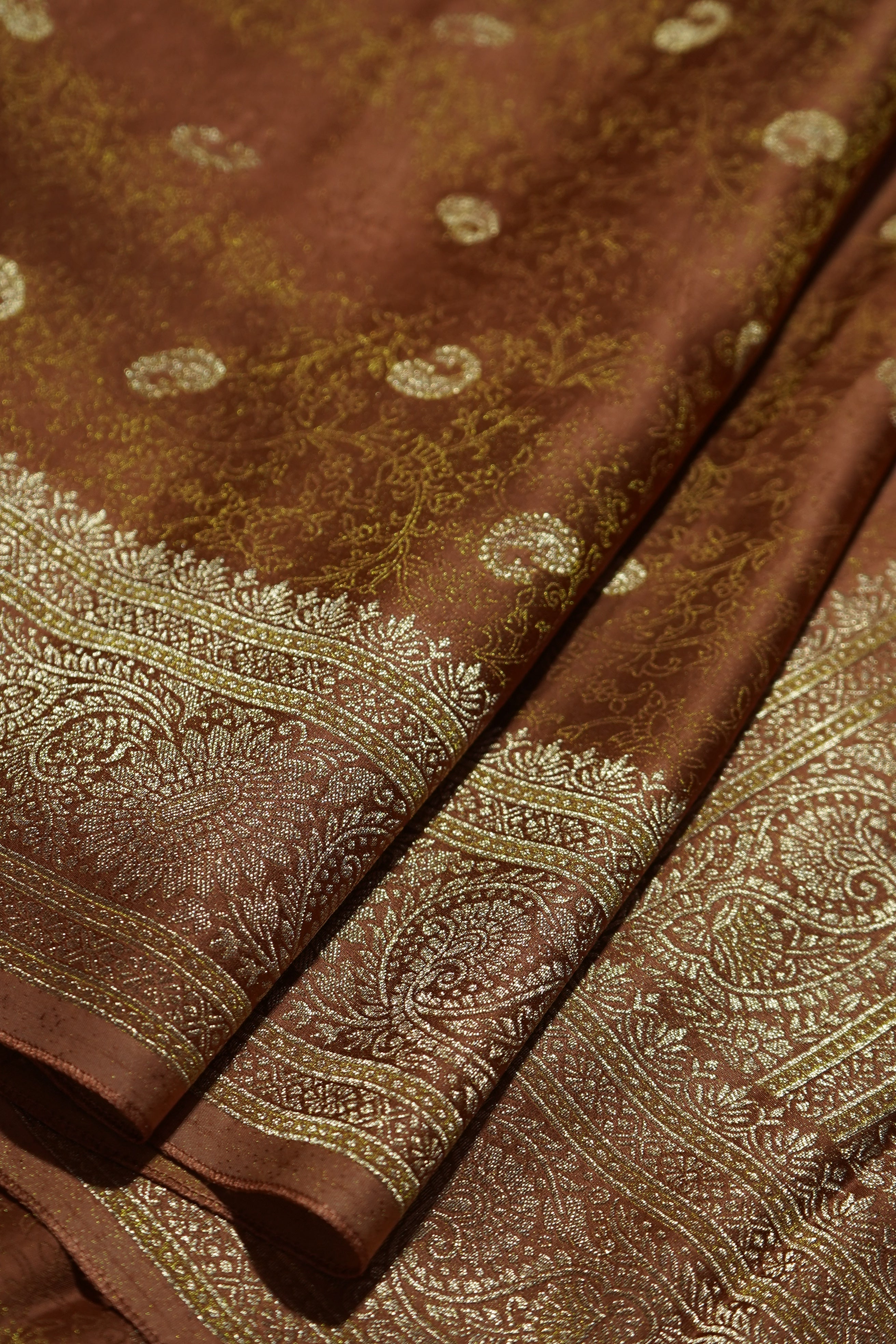 Caramel Bronze Tissue Katan Silk Saree with Champagne Gold Border