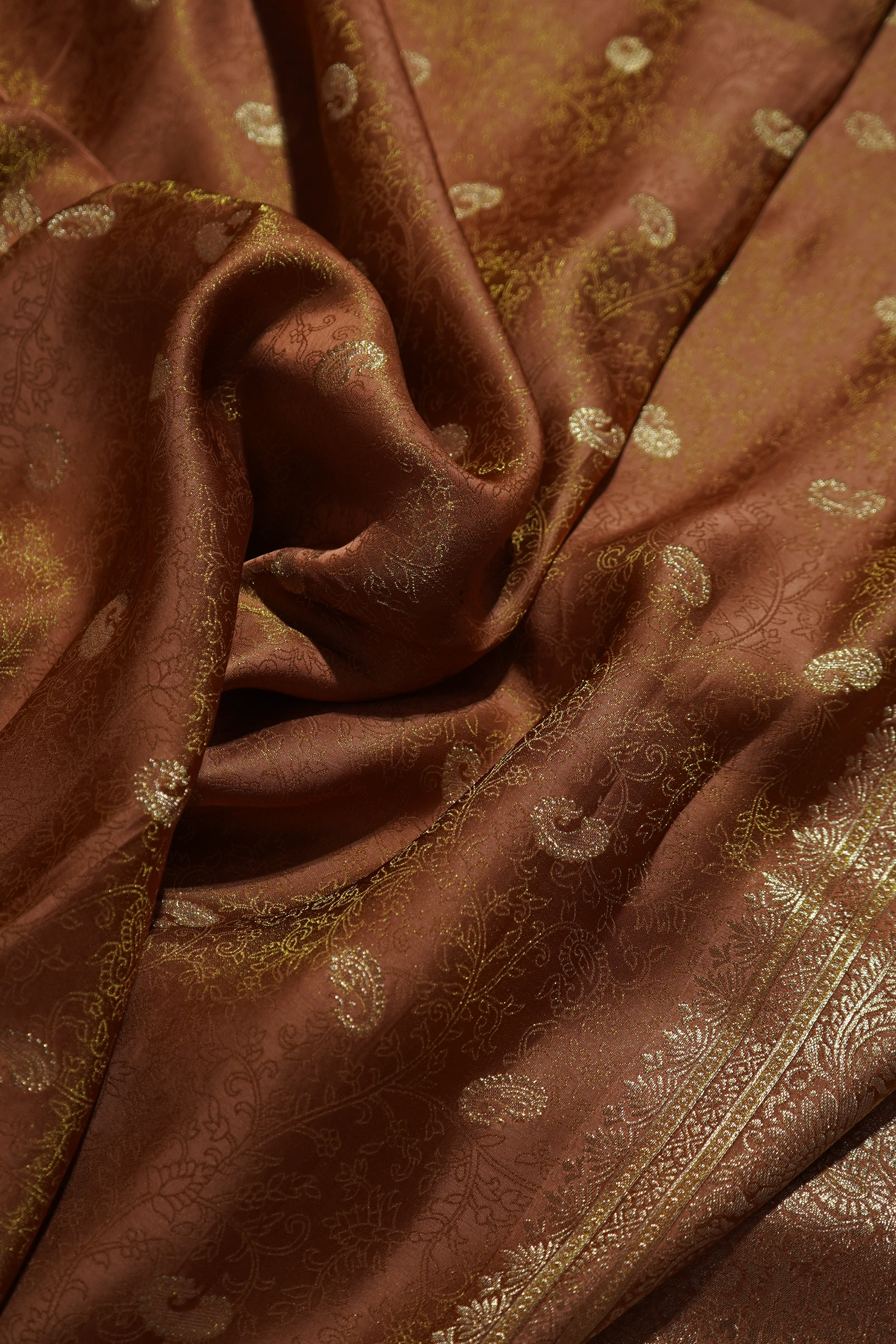 Caramel Bronze Tissue Katan Silk Saree with Champagne Gold Border