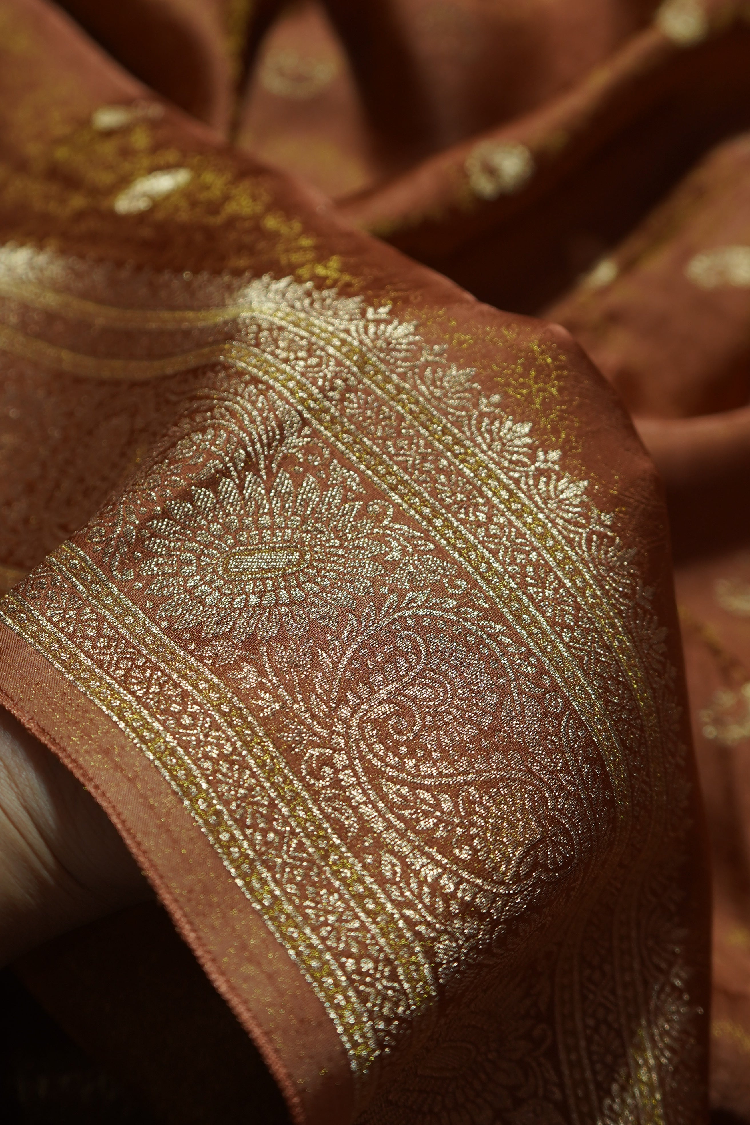 Caramel Bronze Tissue Katan Silk Saree with Champagne Gold Border