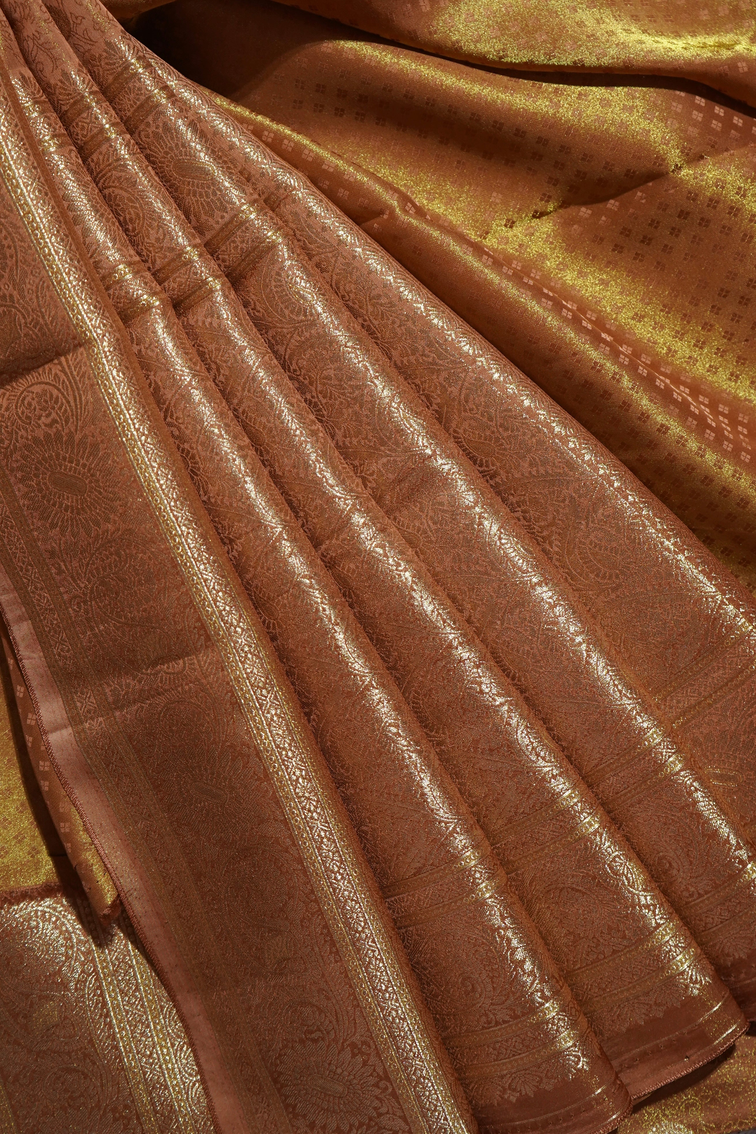 Caramel Bronze Tissue Katan Silk Saree with Champagne Gold Border