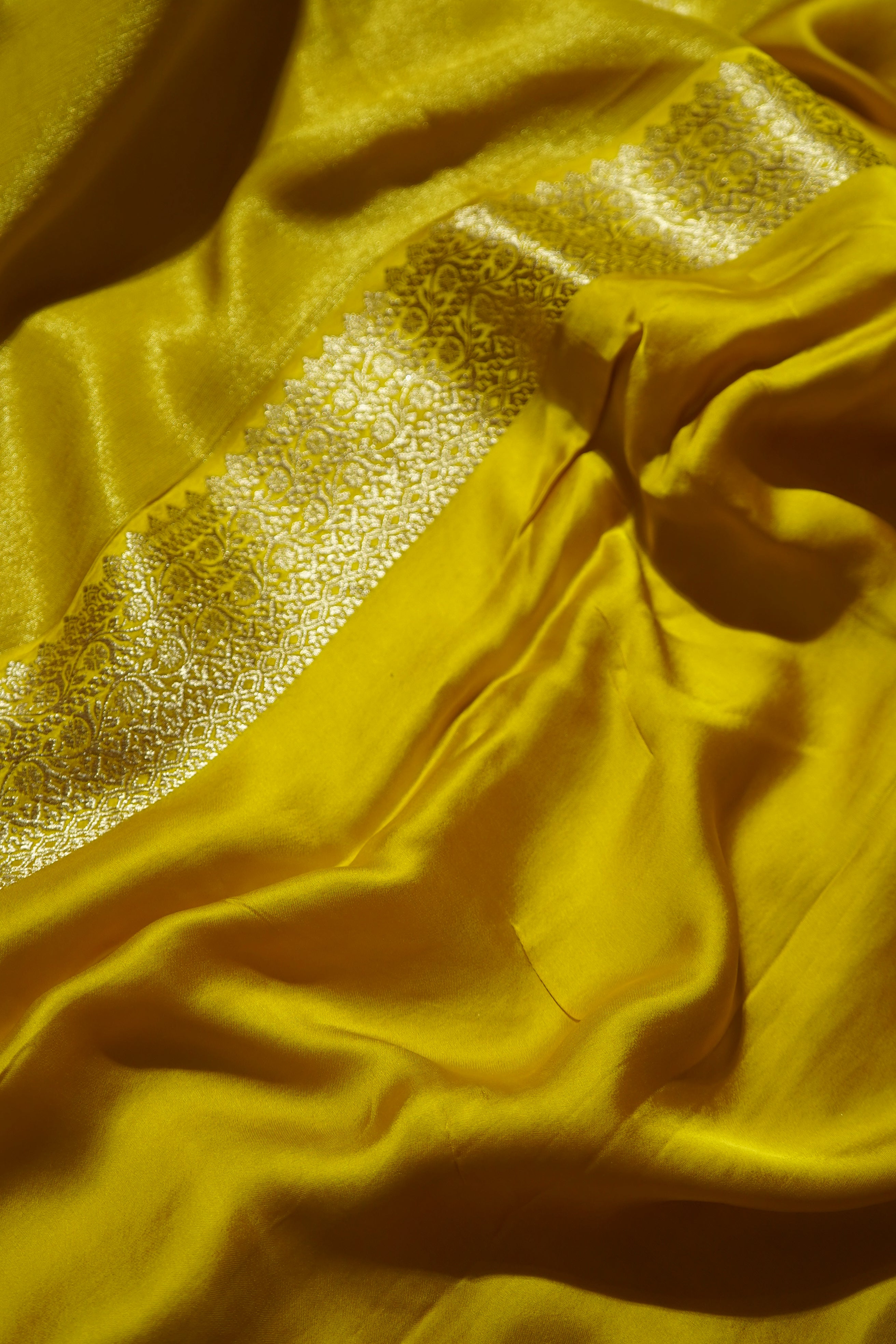 Golden Yellow Tissue Katan Silk Saree with Champagne Gold Border