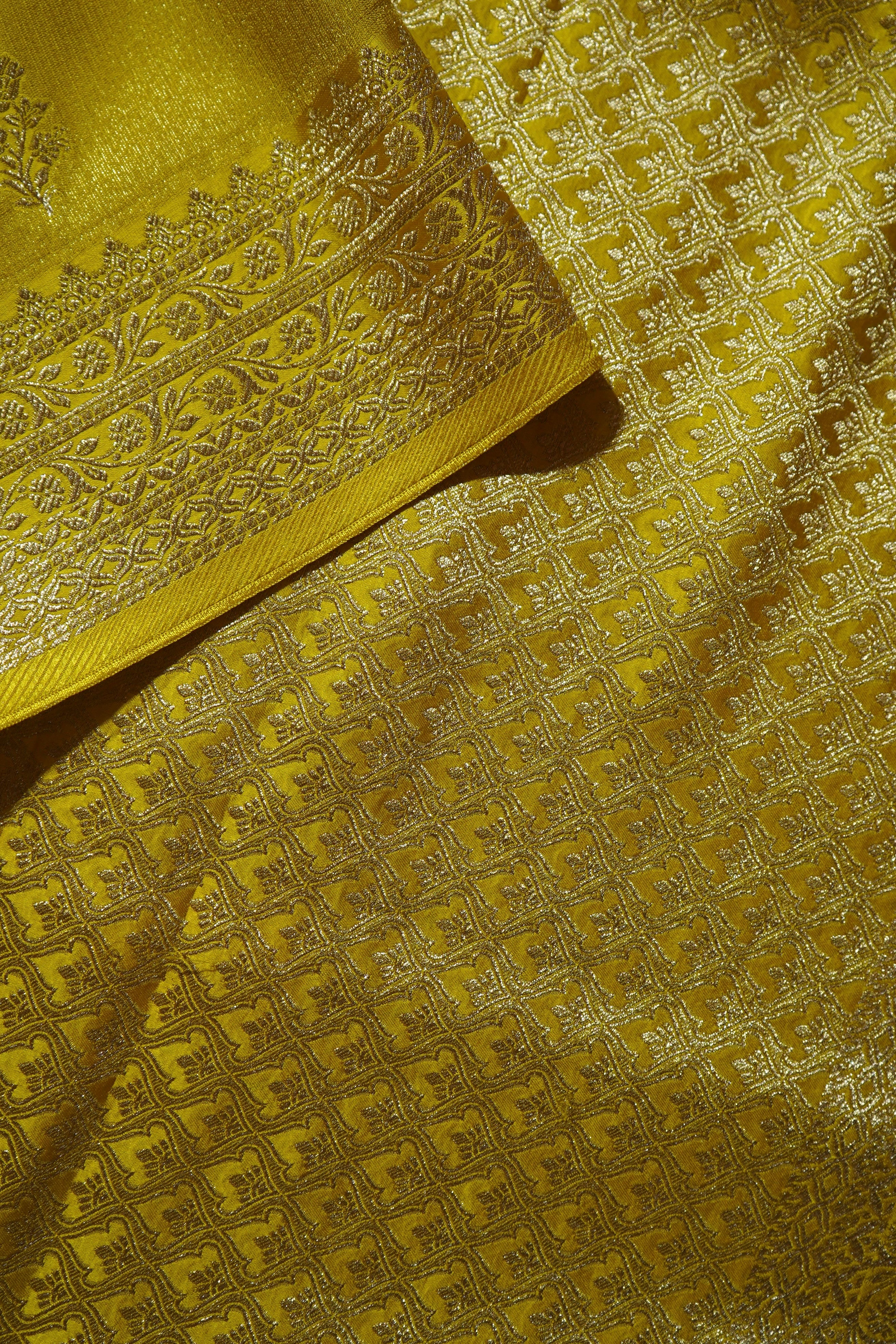 Golden Yellow Tissue Katan Silk Saree with Champagne Gold Border