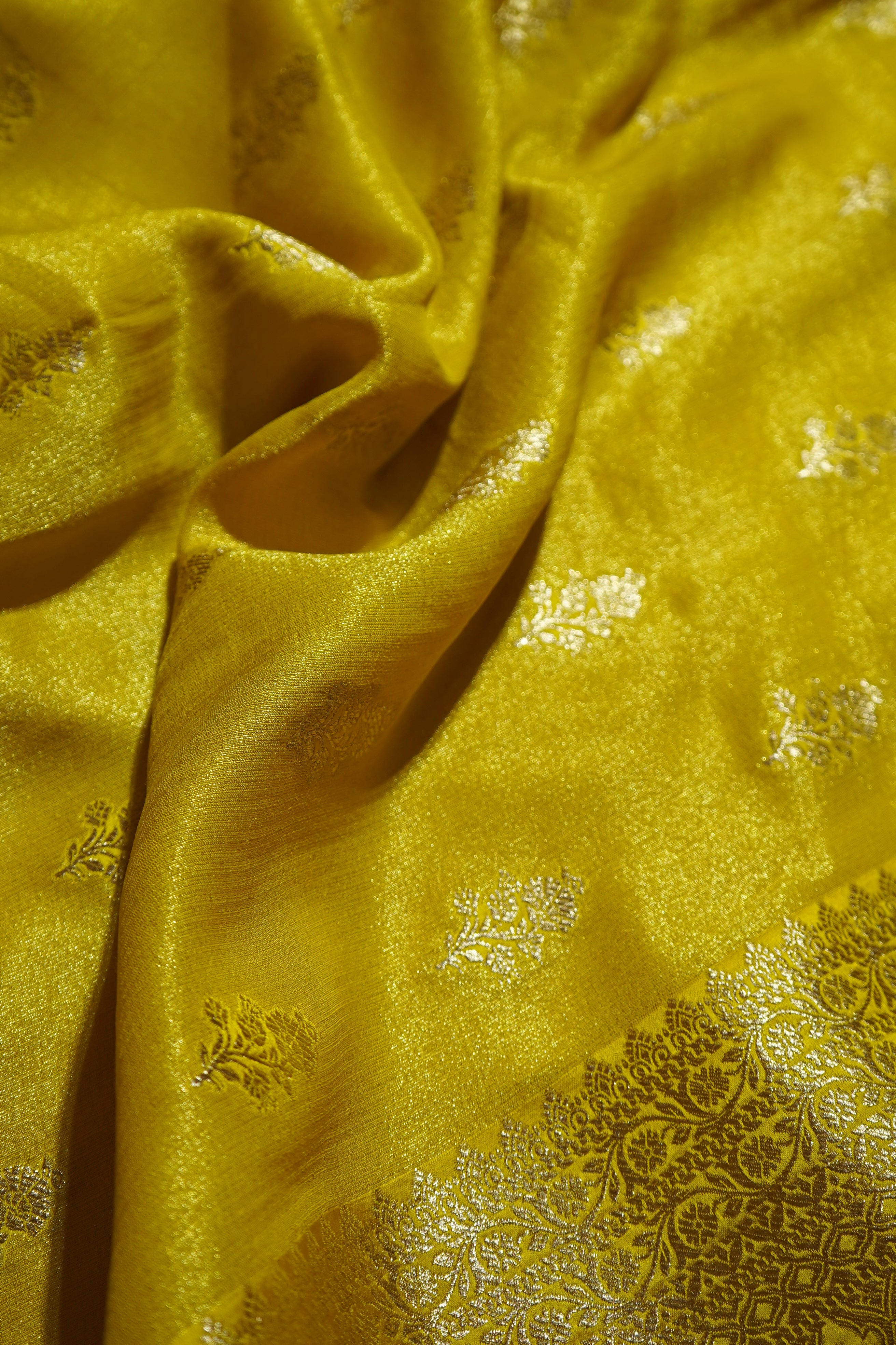 Golden Yellow Tissue Katan Silk Saree with Champagne Gold Border