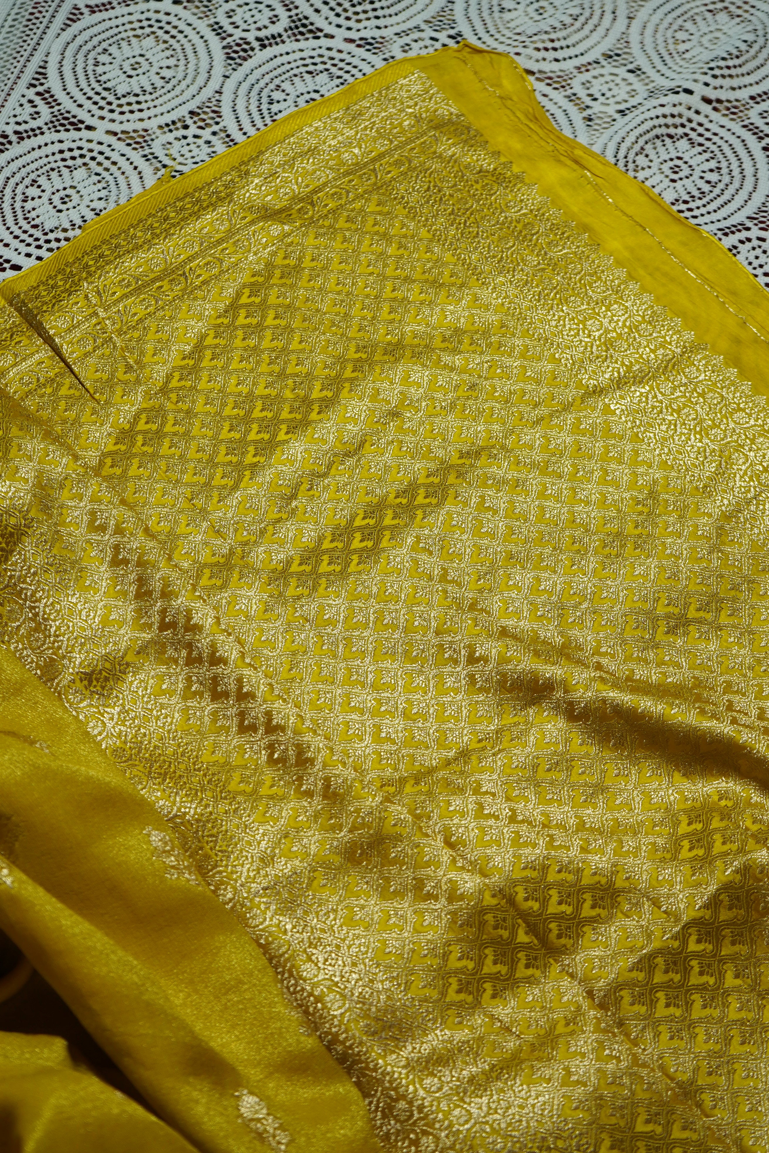 Golden Yellow Tissue Katan Silk Saree with Champagne Gold Border