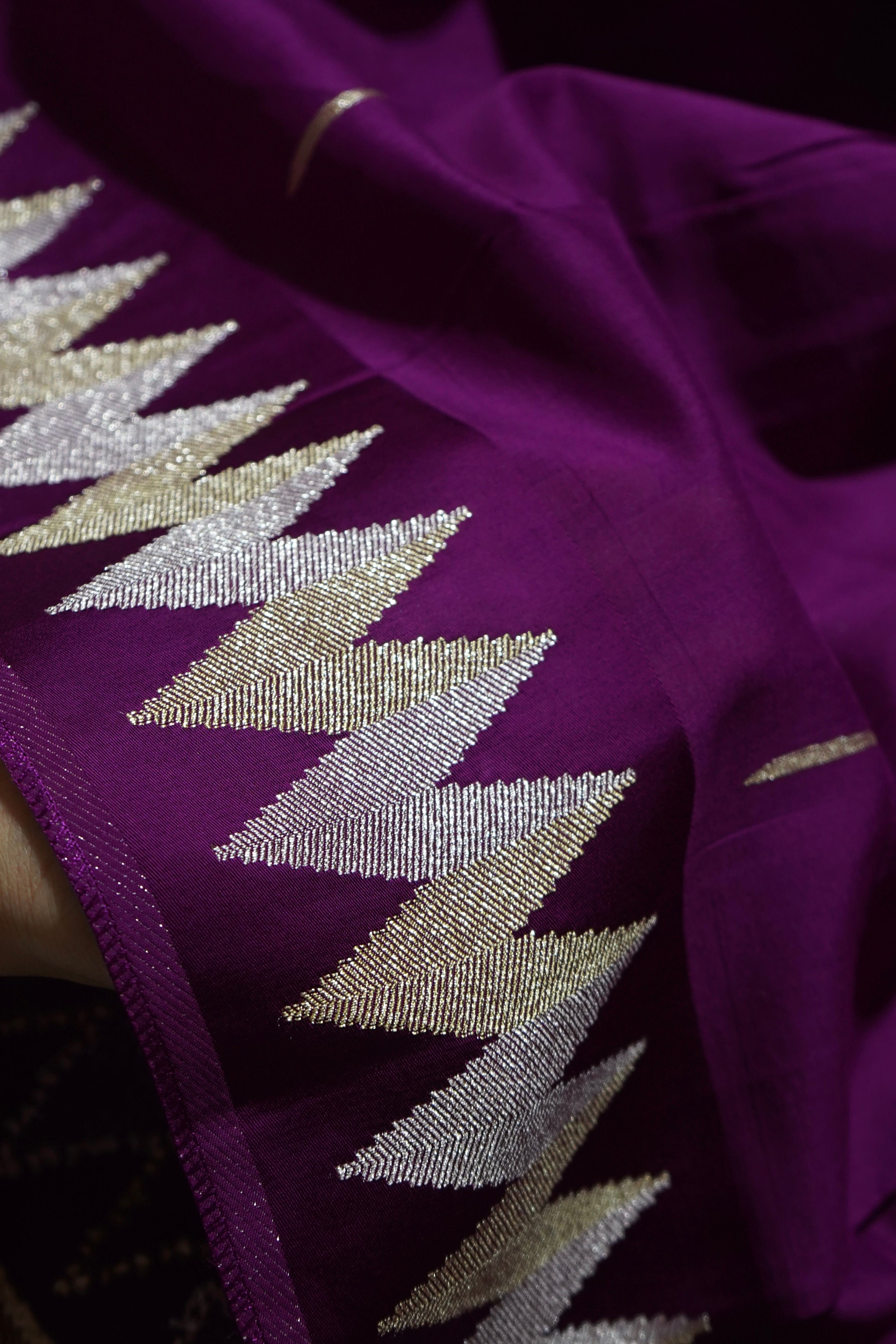 Berry Purple Mul Cotton Banarasi Saree with Gold and Silver Weave
