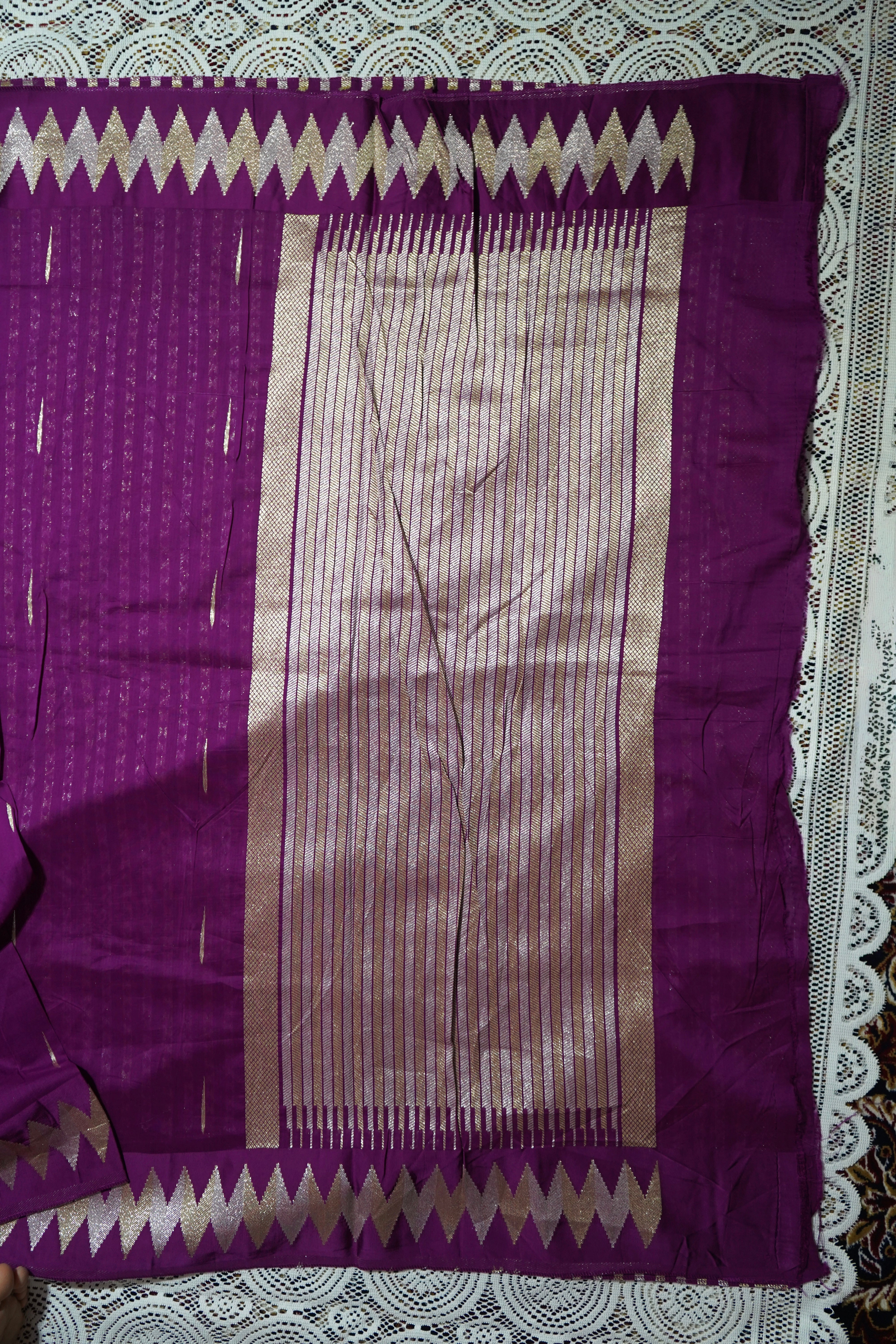 Berry Purple Mul Cotton Banarasi Saree with Gold and Silver Weave