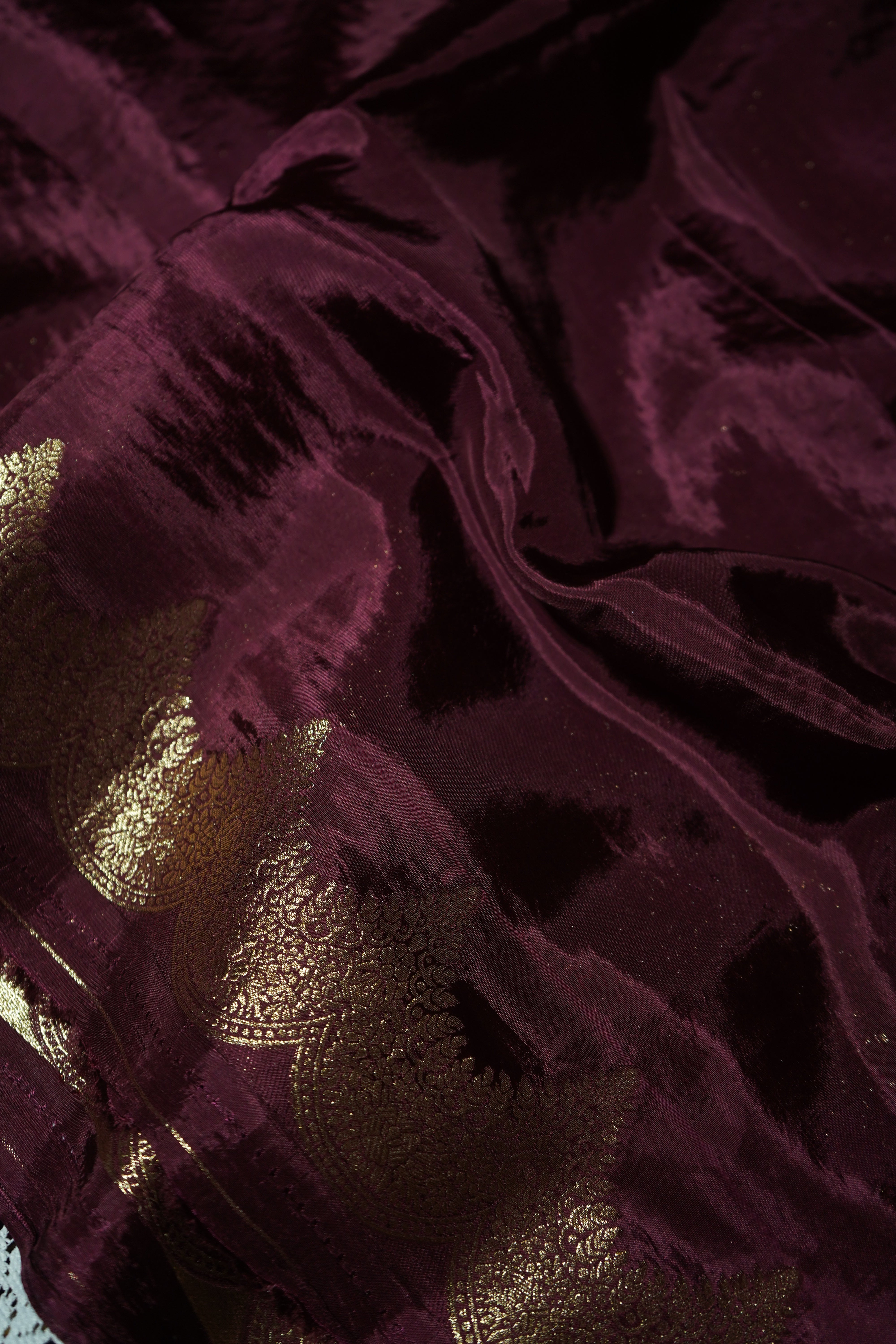 Burgundy Maroon Muslin Silk Saree with Champagne Gold Border