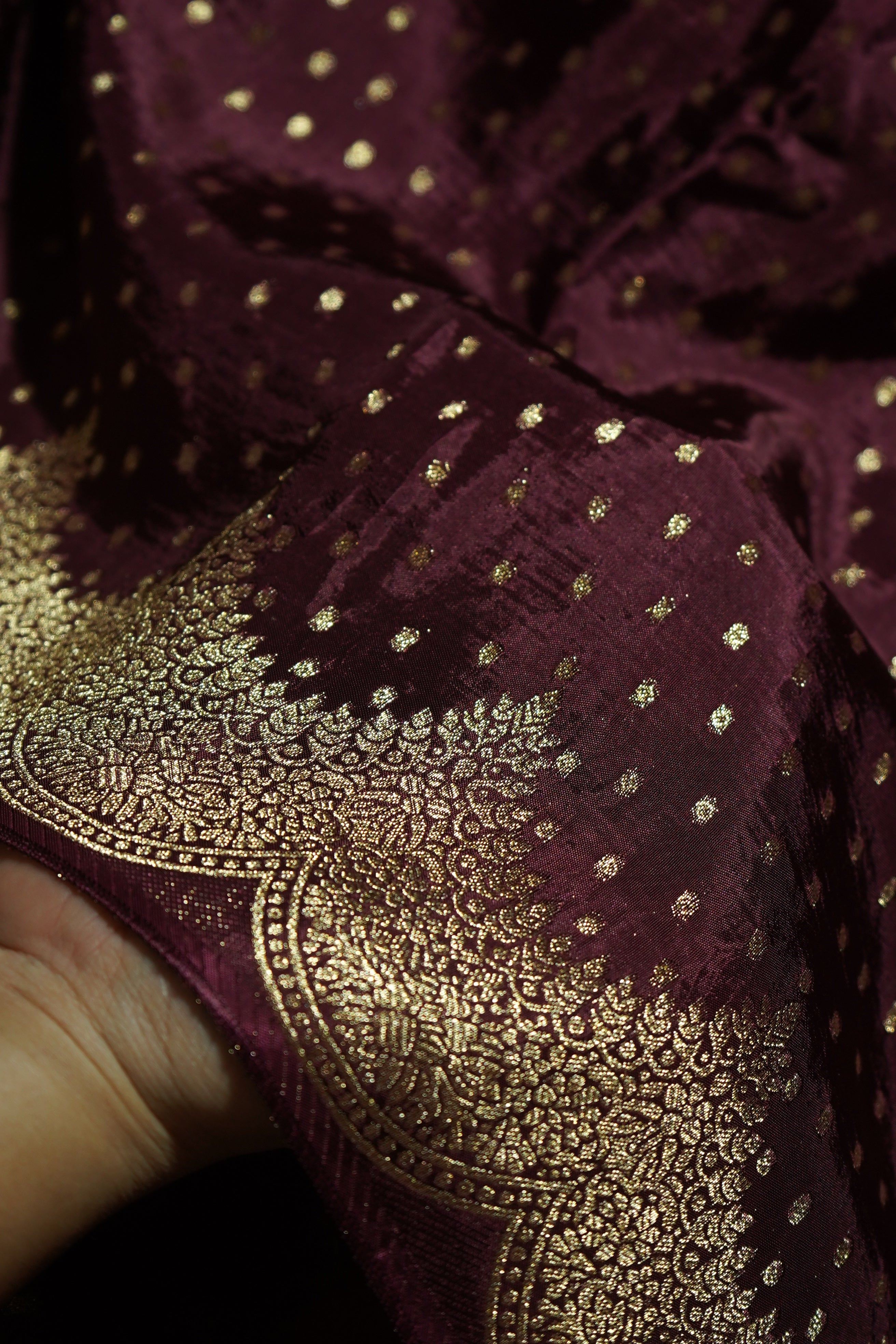 Burgundy Maroon Muslin Silk Saree with Champagne Gold Border