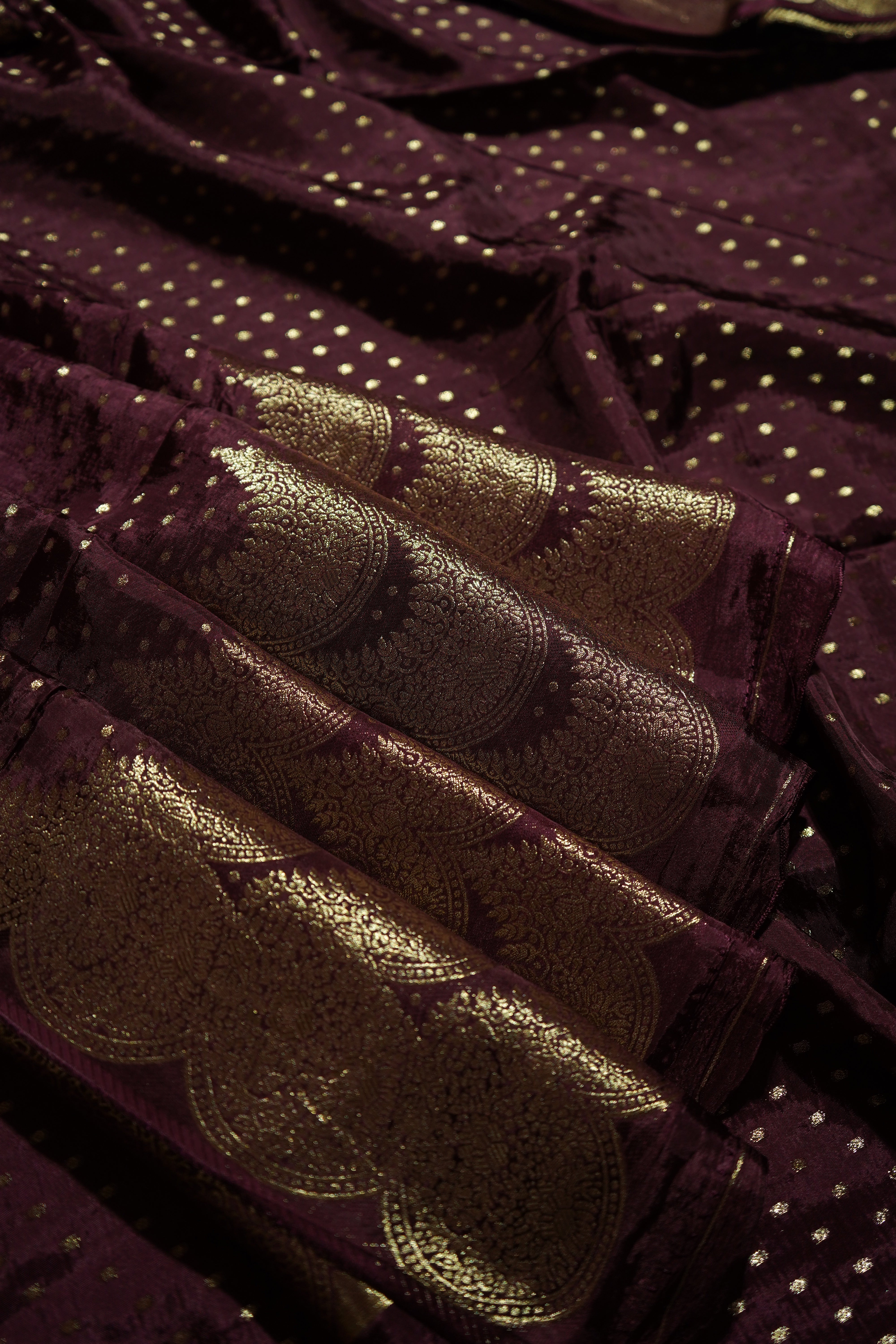 Burgundy Maroon Muslin Silk Saree with Champagne Gold Border
