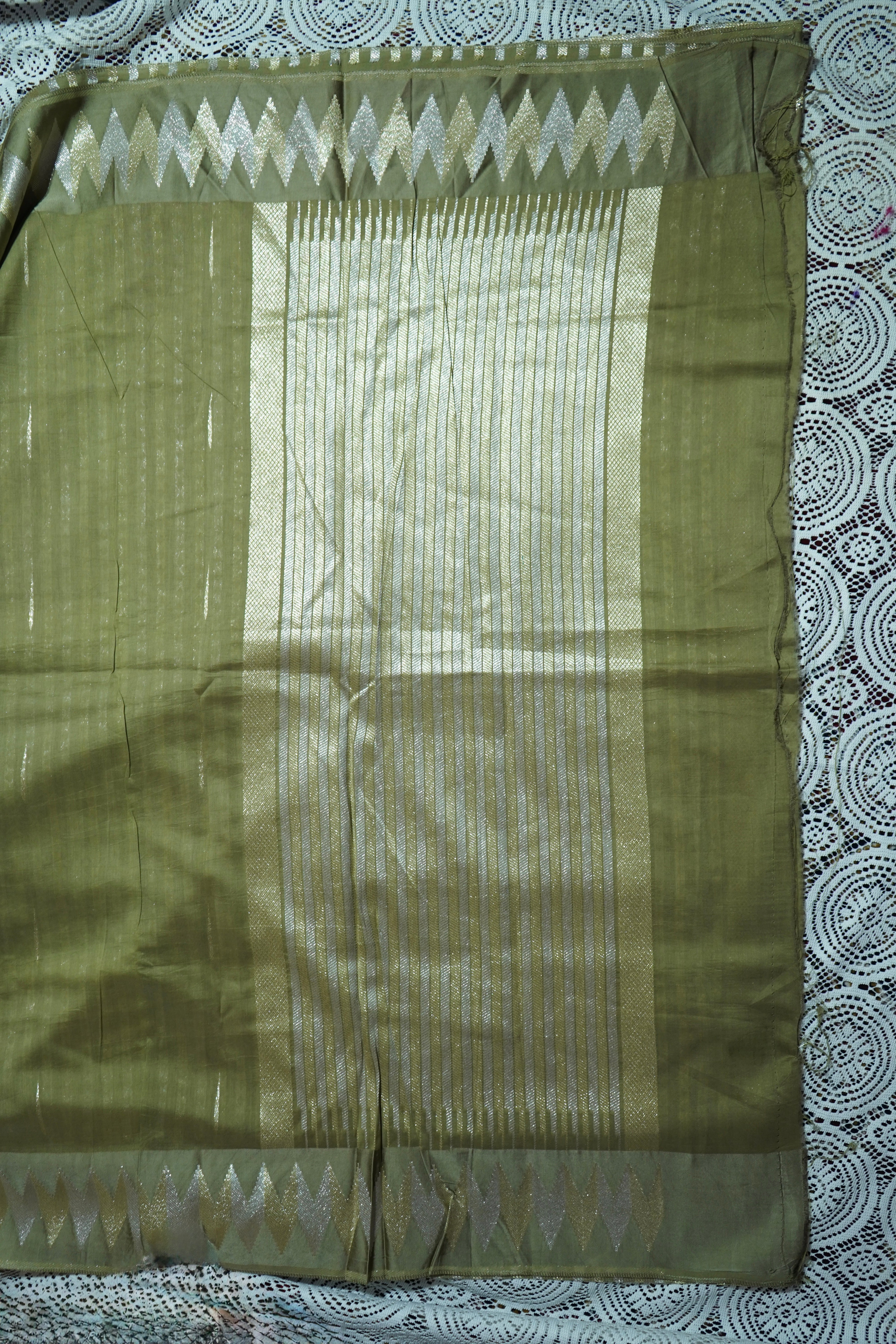 Dusty Olive Green Mul Cotton Banarasi Saree with Gold and Silver Weave