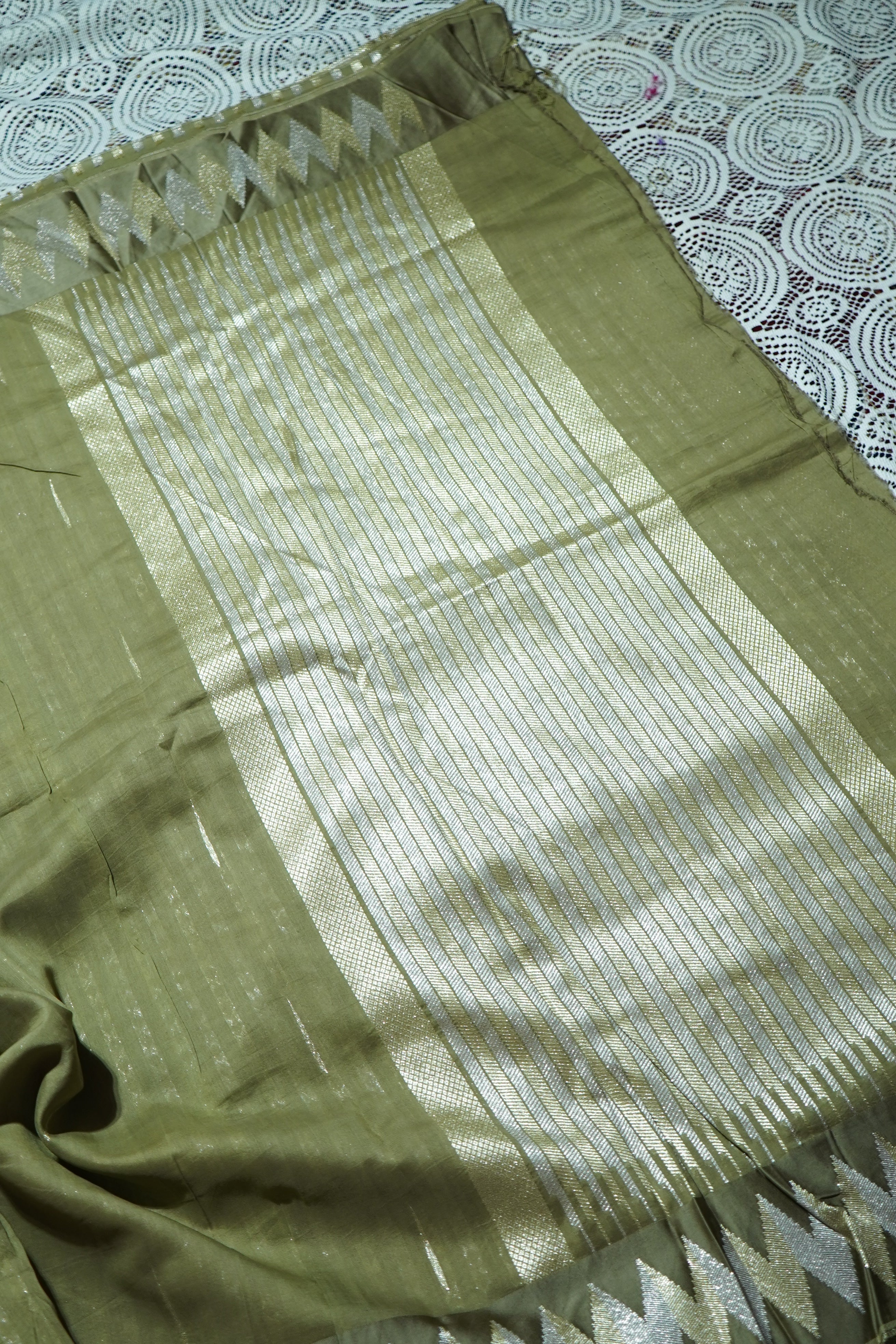 Dusty Olive Green Mul Cotton Banarasi Saree with Gold and Silver Weave