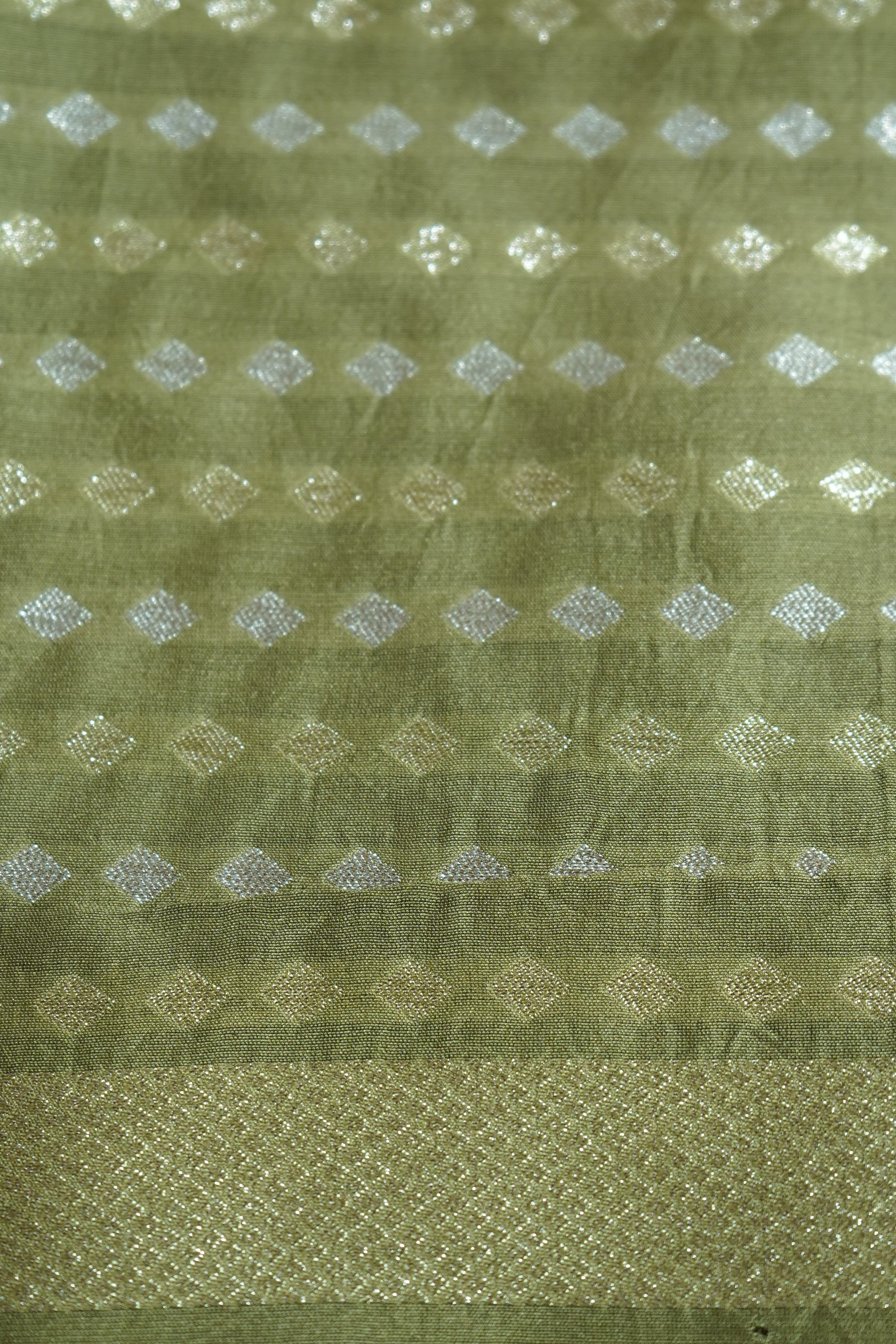 Dusty Olive Green Mul Cotton Banarasi Saree with Gold and Silver Weave