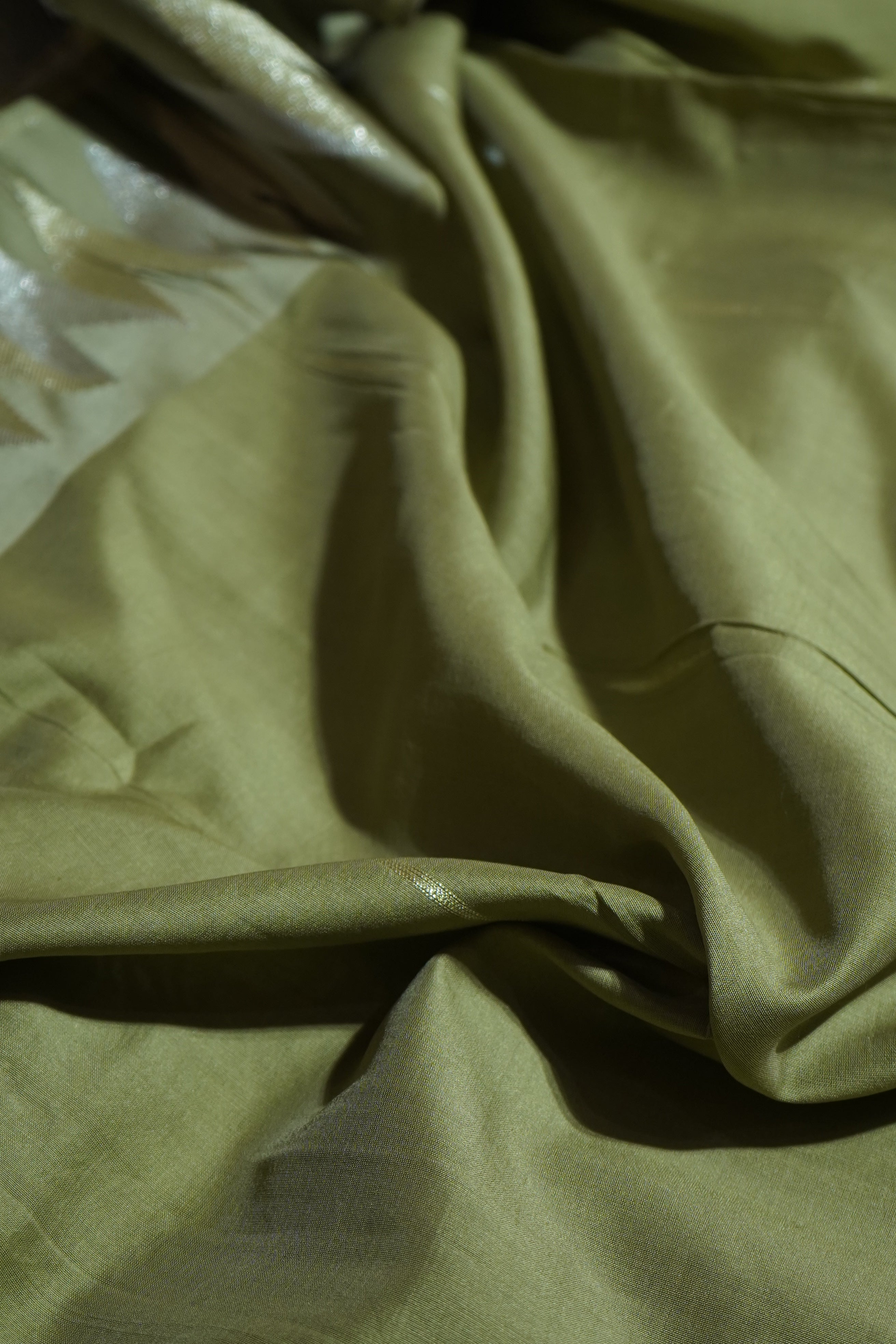 Dusty Olive Green Mul Cotton Banarasi Saree with Gold and Silver Weave