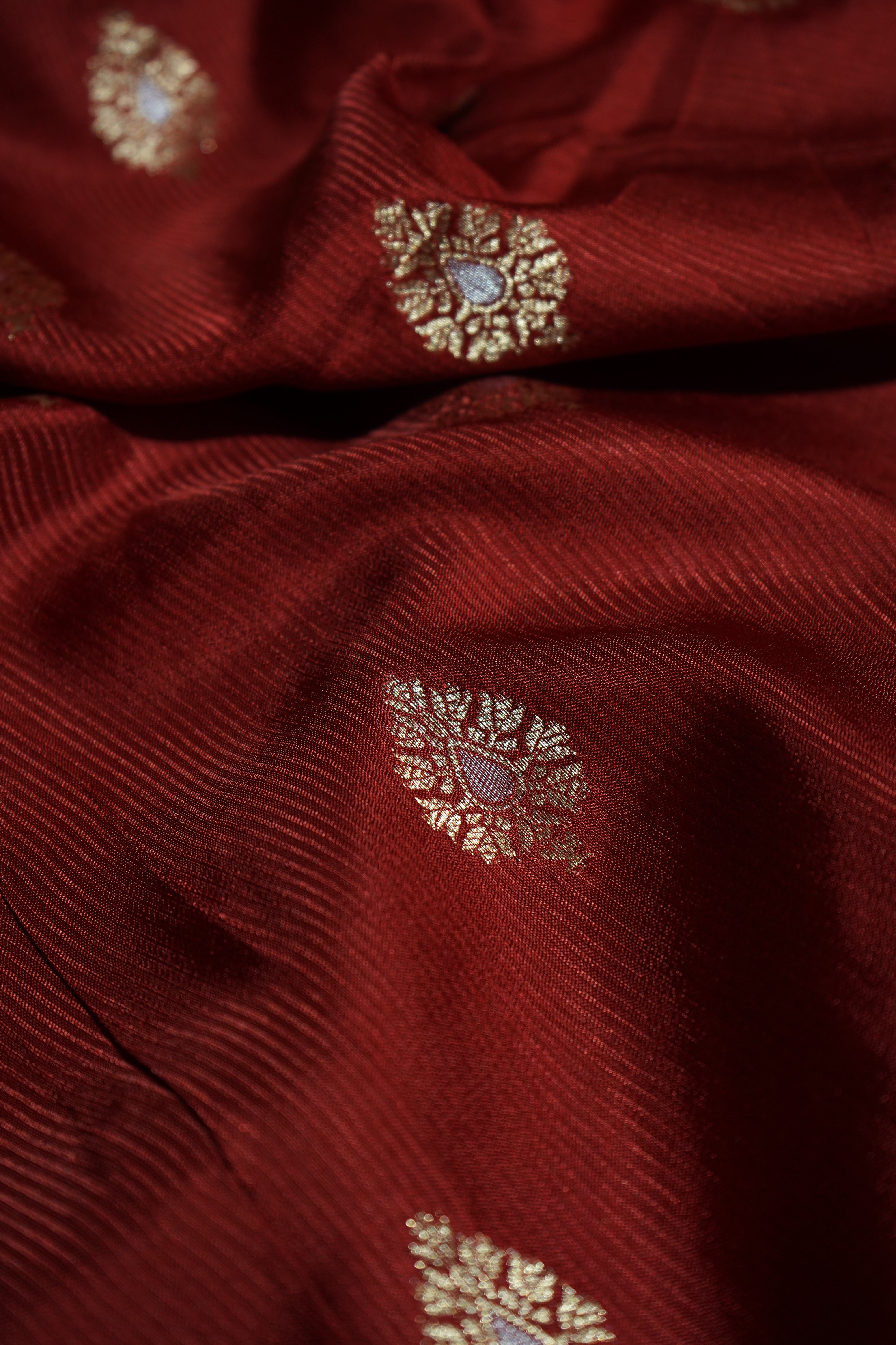 Dark Cherry Red Mashru Silk Saree with Champagne Gold Border