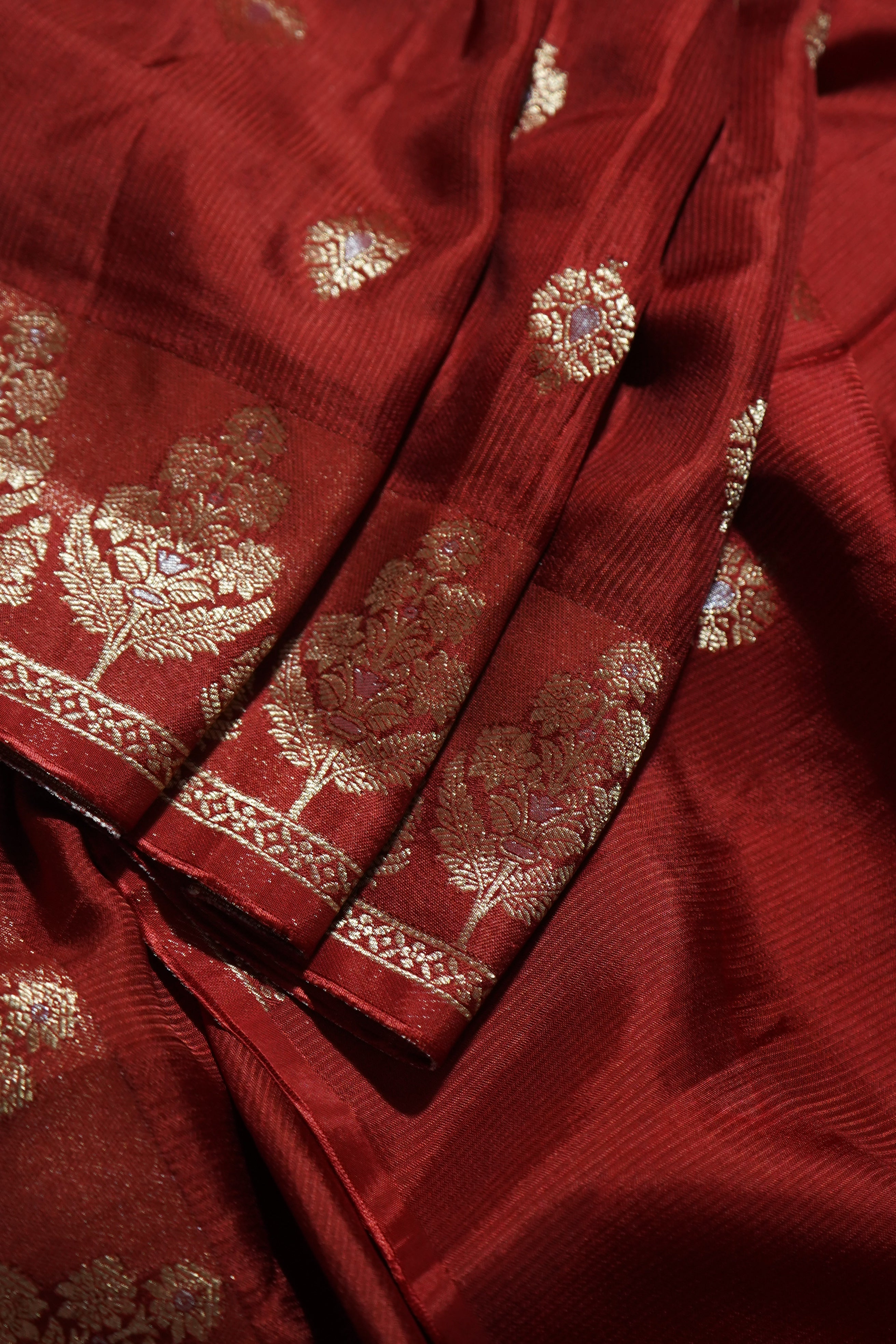 Dark Cherry Red Mashru Silk Saree with Champagne Gold Border