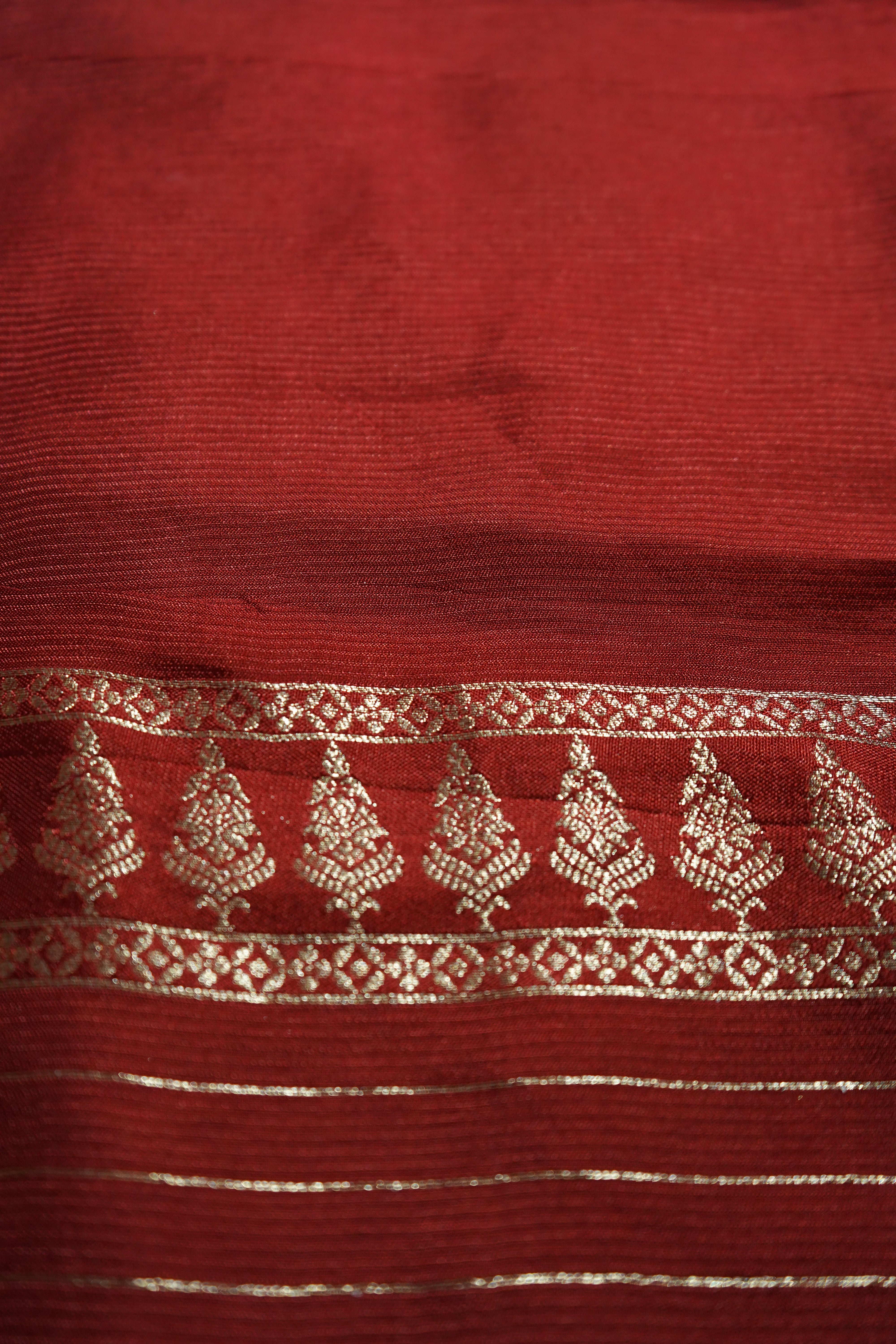 Dark Cherry Red Mashru Silk Saree with Champagne Gold Border