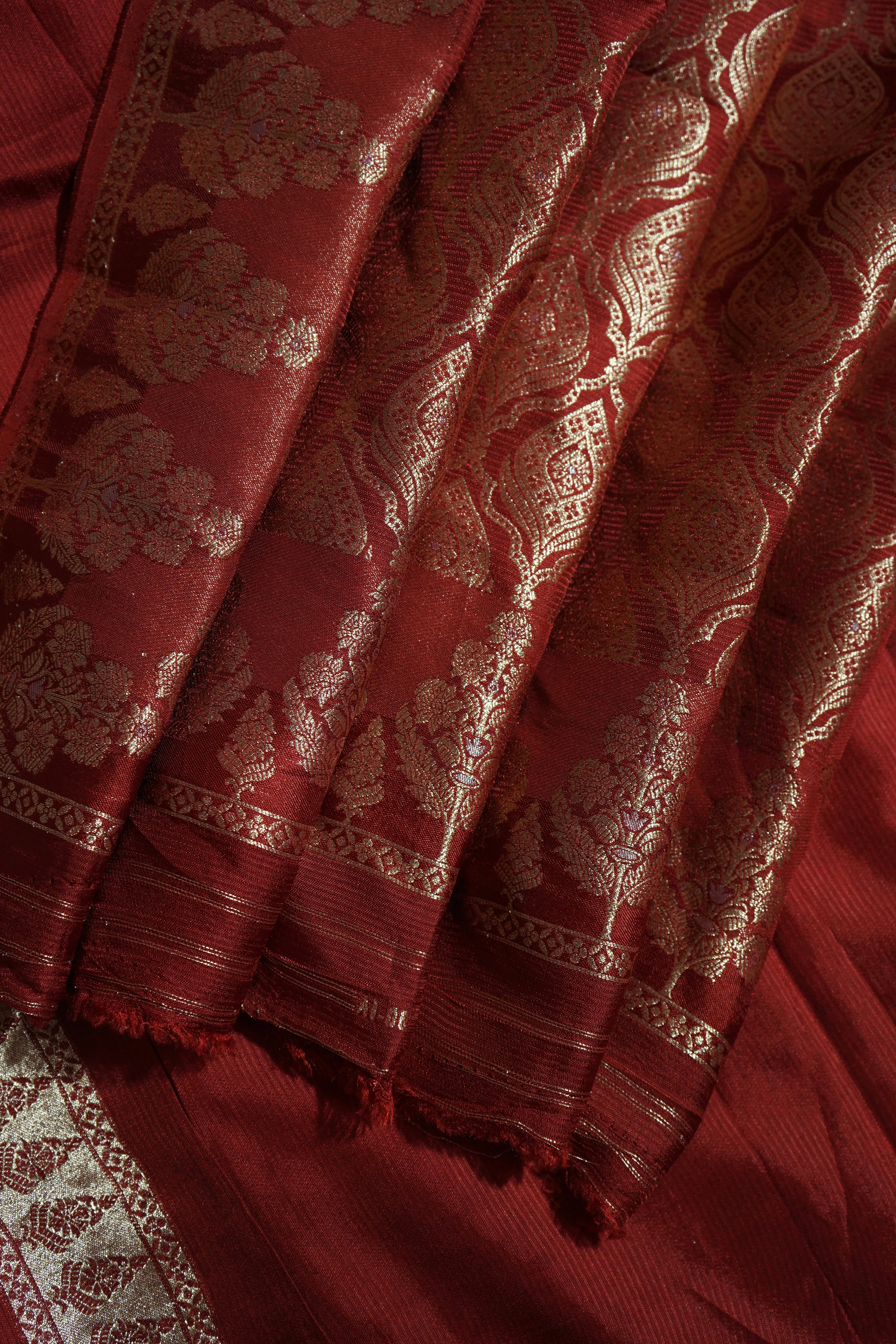 Dark Cherry Red Mashru Silk Saree with Champagne Gold Border