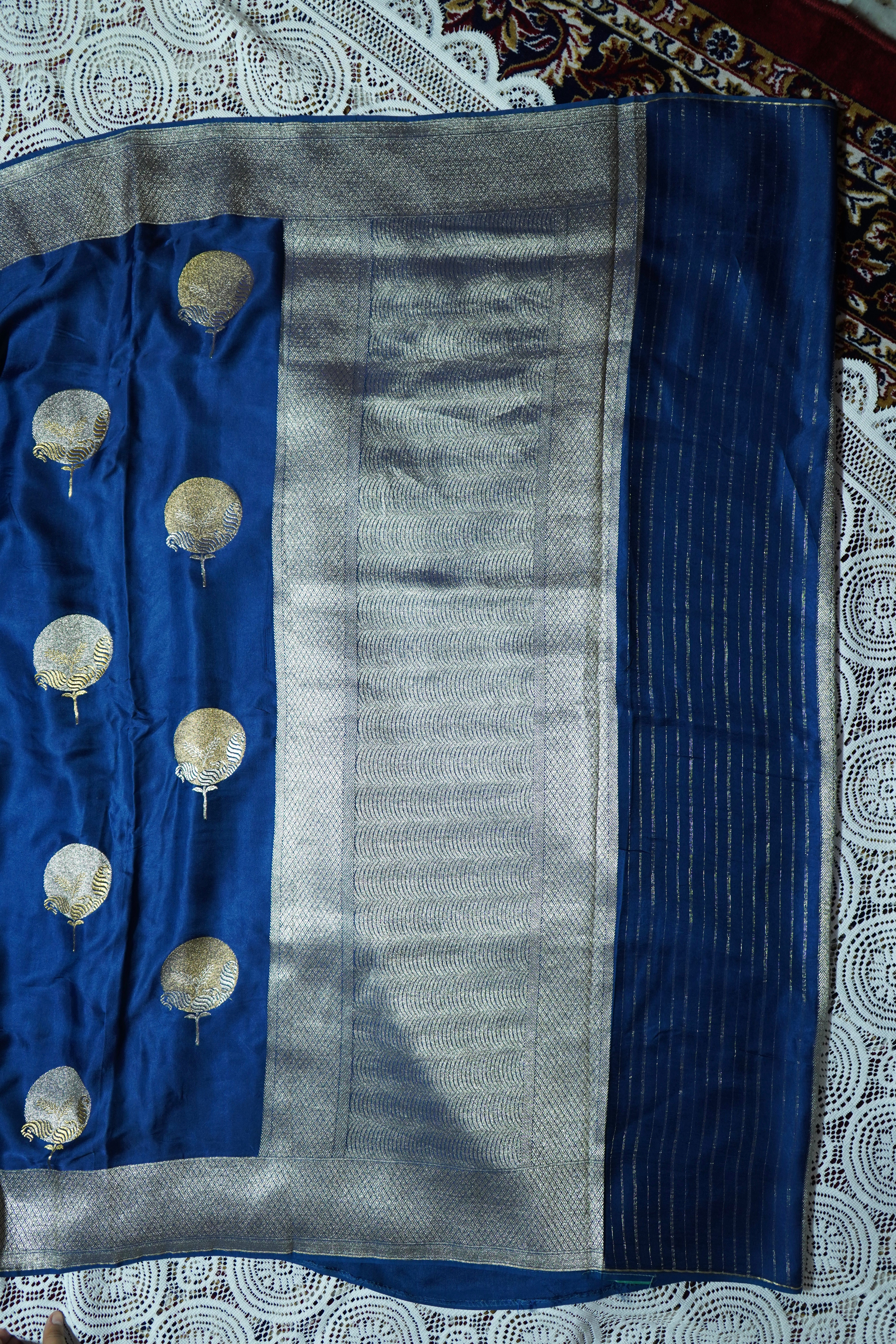 Electric Blue Mashru Silk Saree with Champagne Border