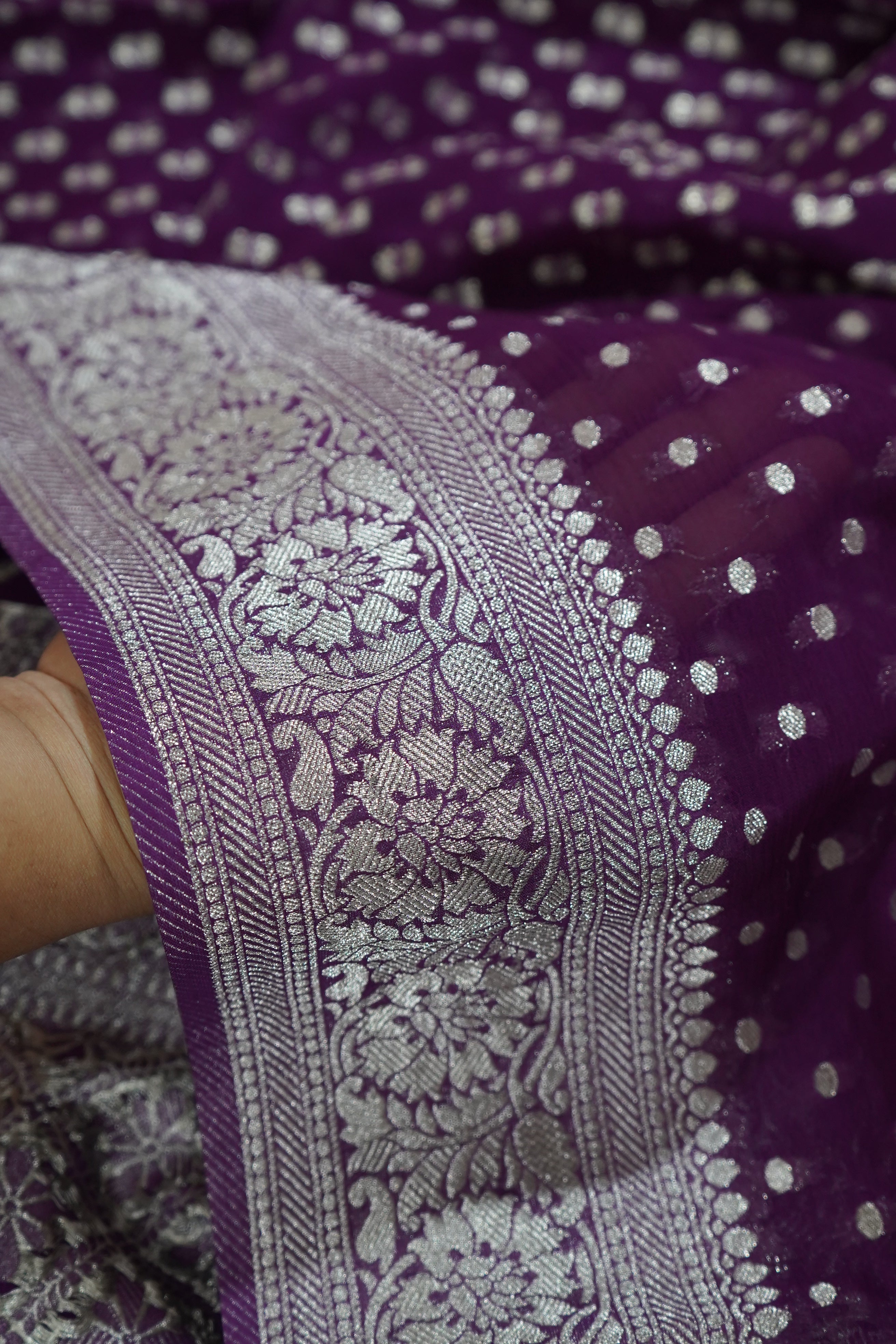 Purple Khaddi Georgette Pure Banarasi Saree with Champagne Zari Border