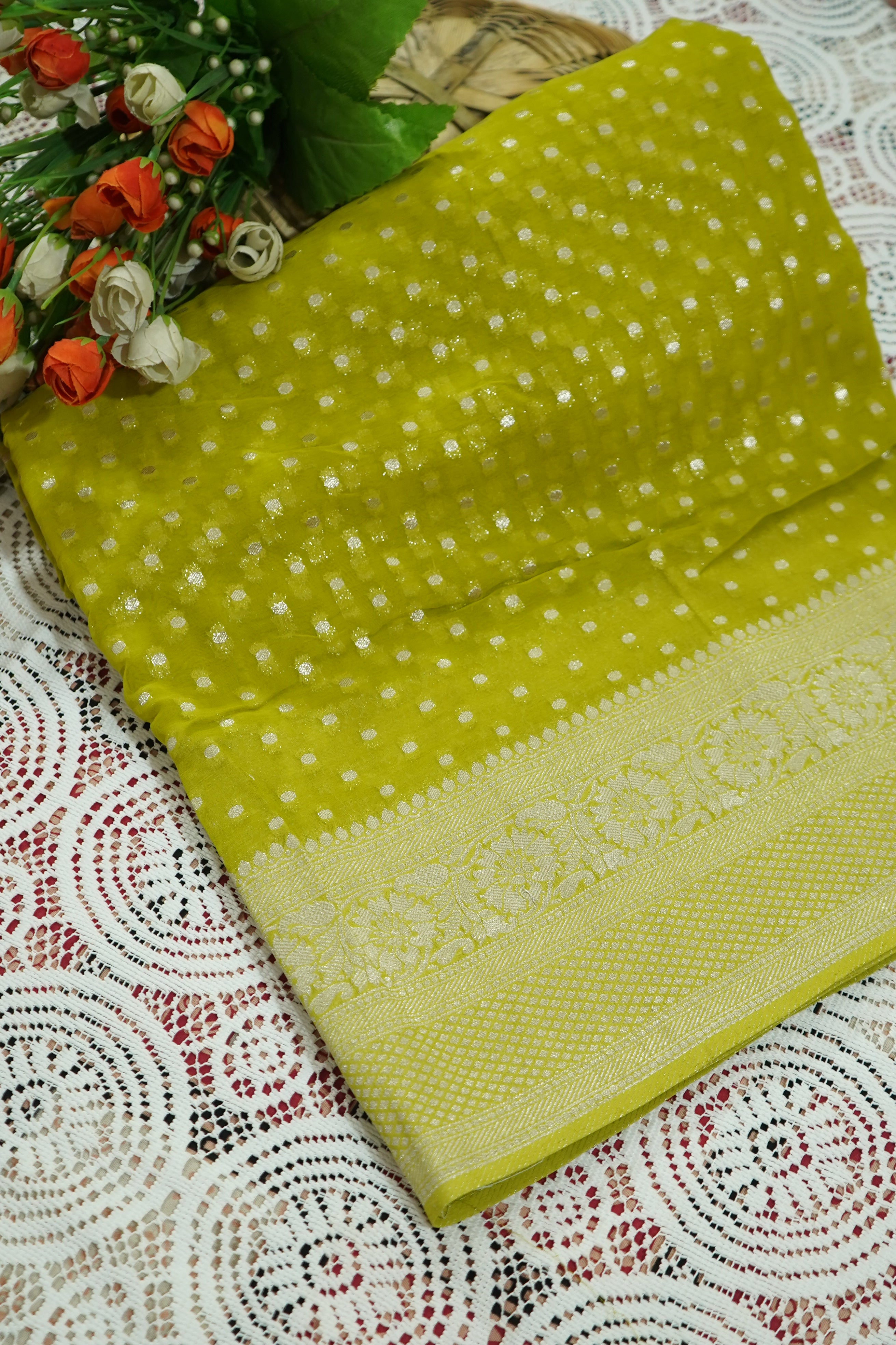 Pista Green Khaddi Georgette Pure Banarasi Saree with Champagne Zari Border
