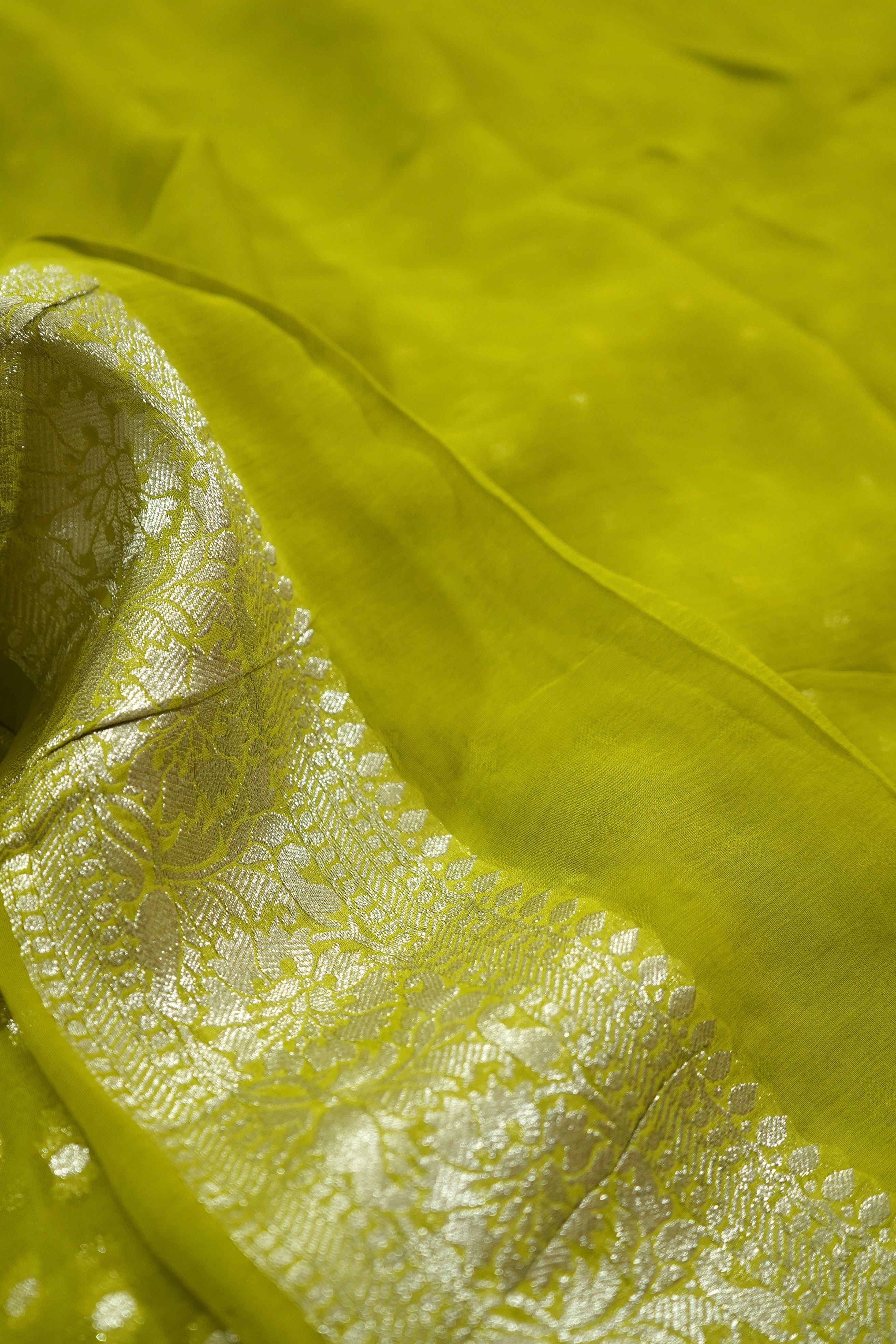 Pista Green Khaddi Georgette Pure Banarasi Saree with Champagne Zari Border