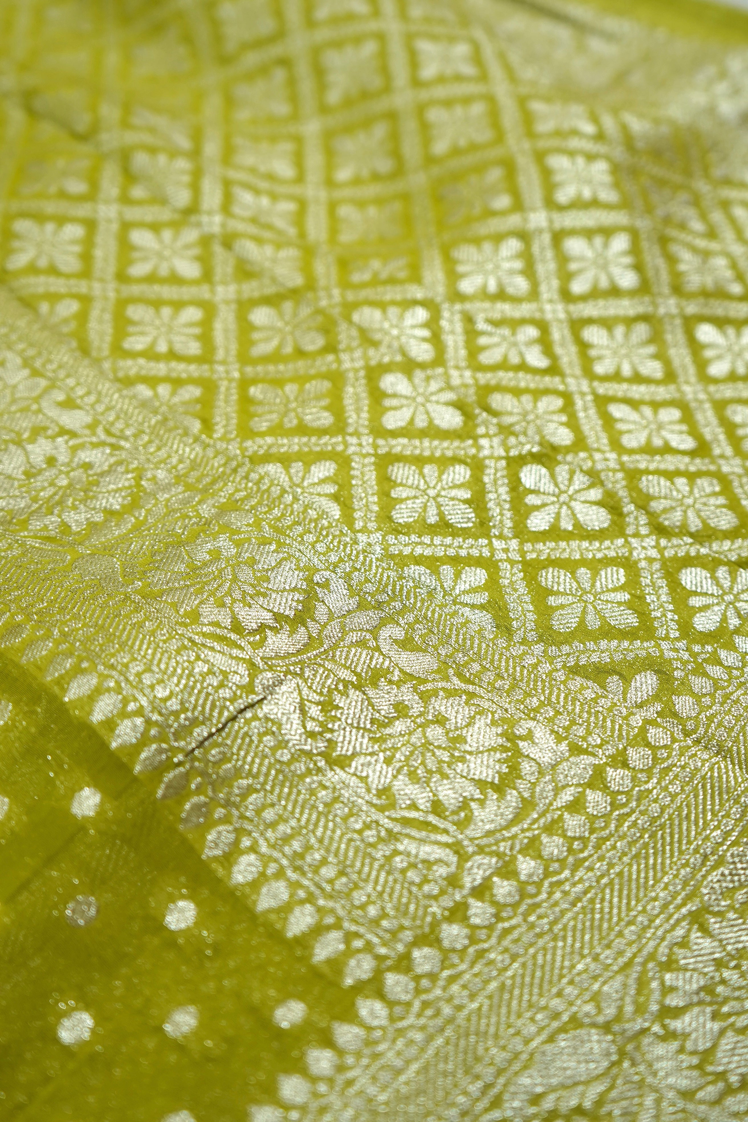 Pista Green Khaddi Georgette Pure Banarasi Saree with Champagne Zari Border