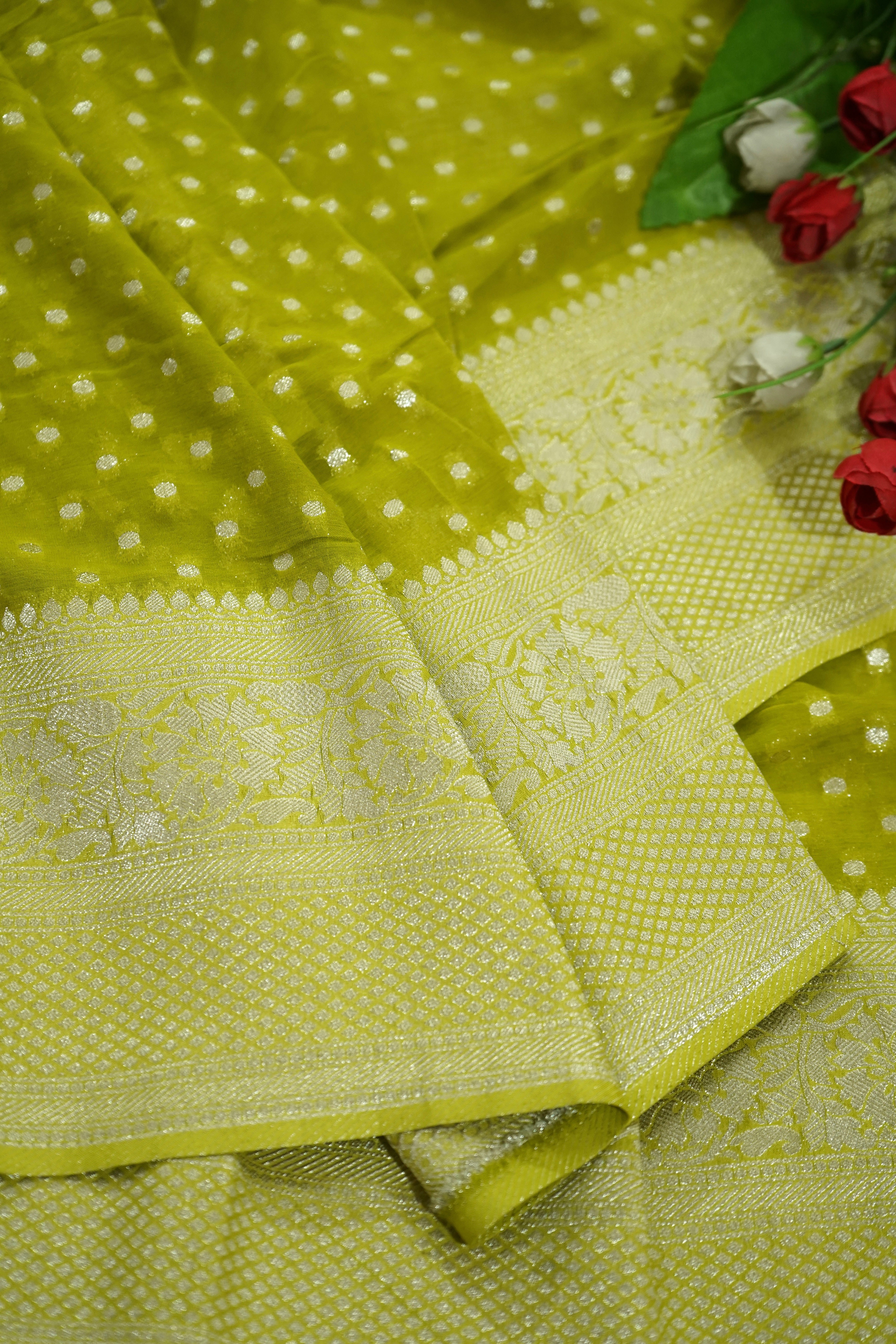 Pista Green Khaddi Georgette Pure Banarasi Saree with Champagne Zari Border