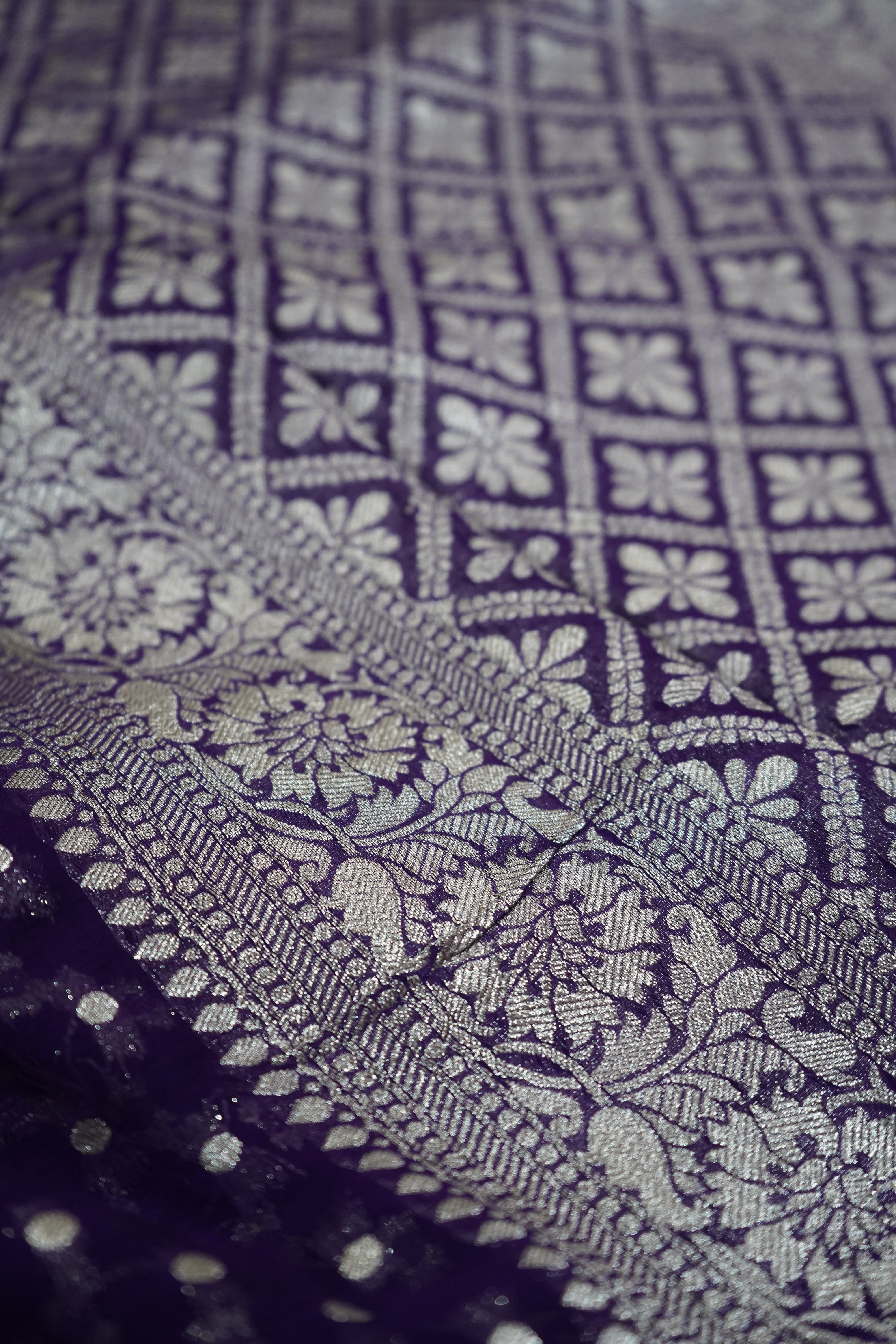 Bluish Purple Khaddi Georgette Pure Banarasi Saree with Champagne Zari Border