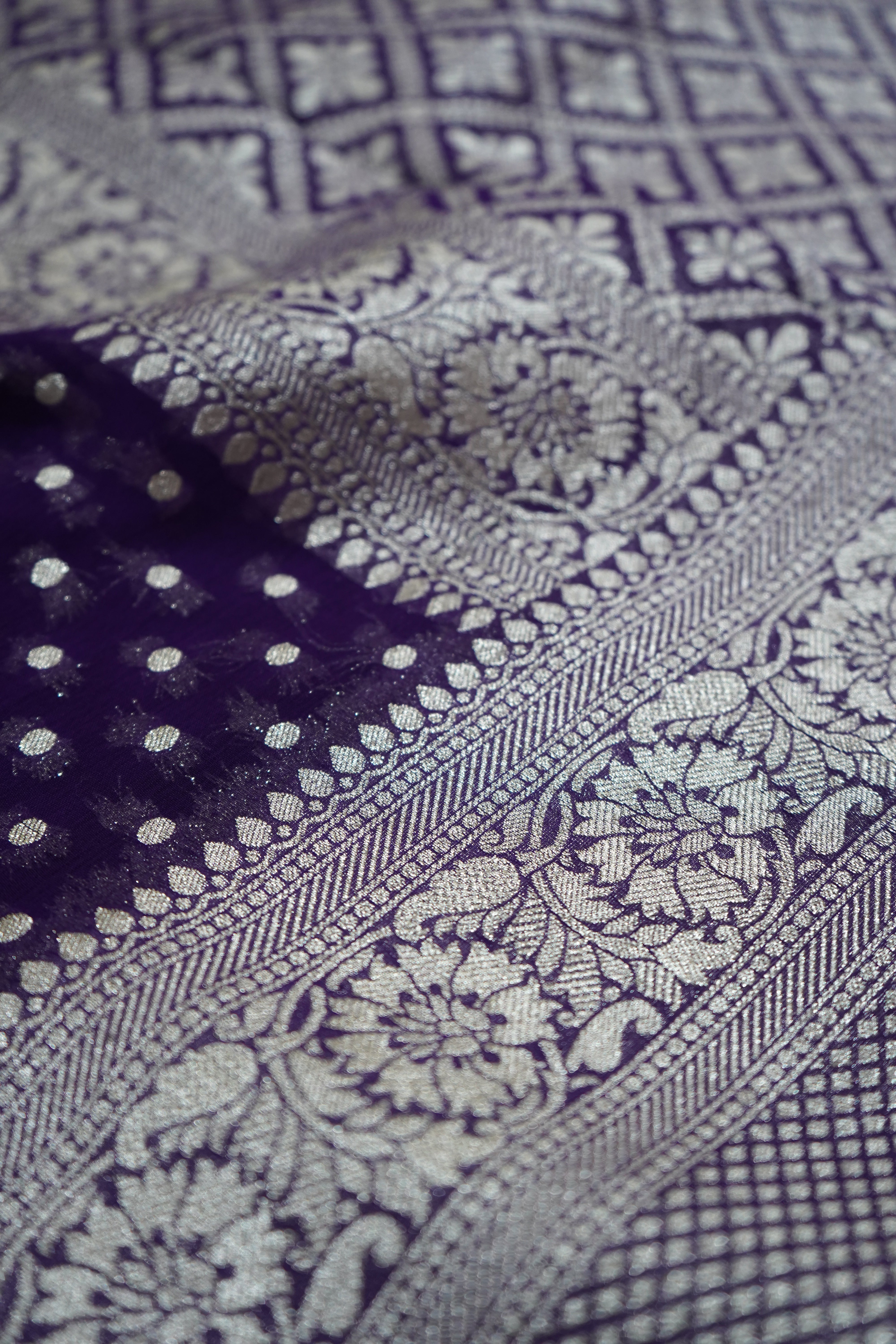 Bluish Purple Khaddi Georgette Pure Banarasi Saree with Champagne Zari Border
