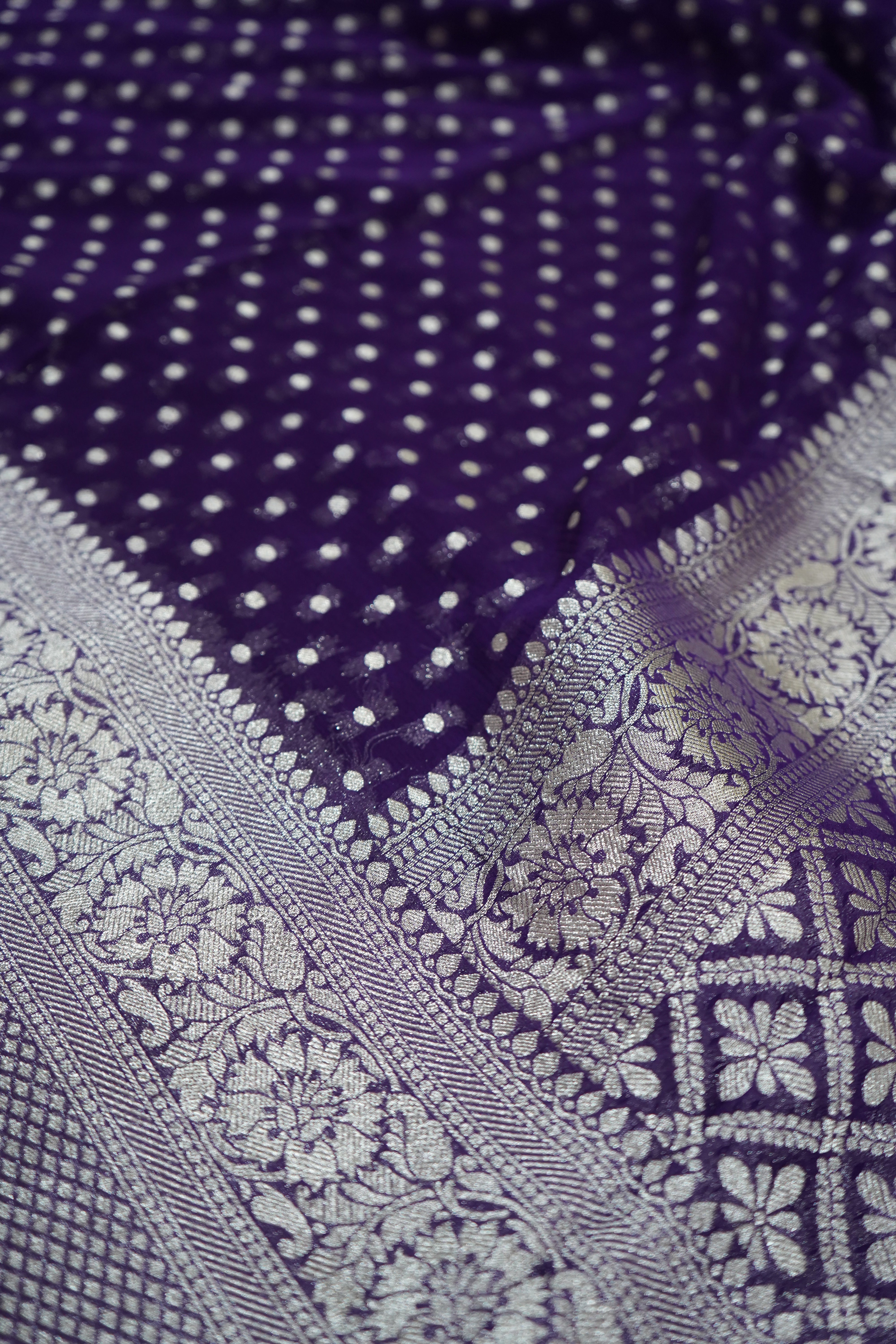 Bluish Purple Khaddi Georgette Pure Banarasi Saree with Champagne Zari Border