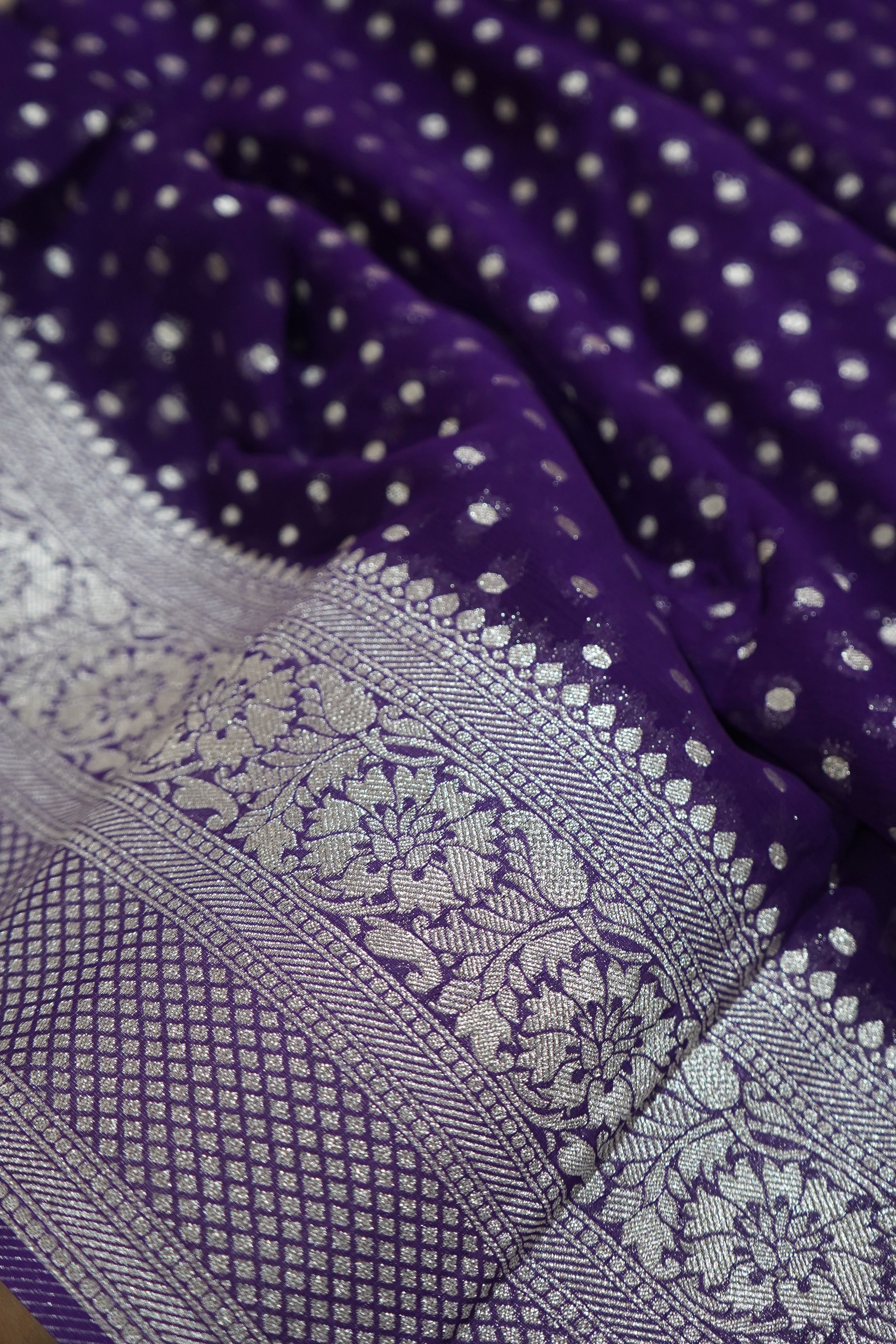 Bluish Purple Khaddi Georgette Pure Banarasi Saree with Champagne Zari Border